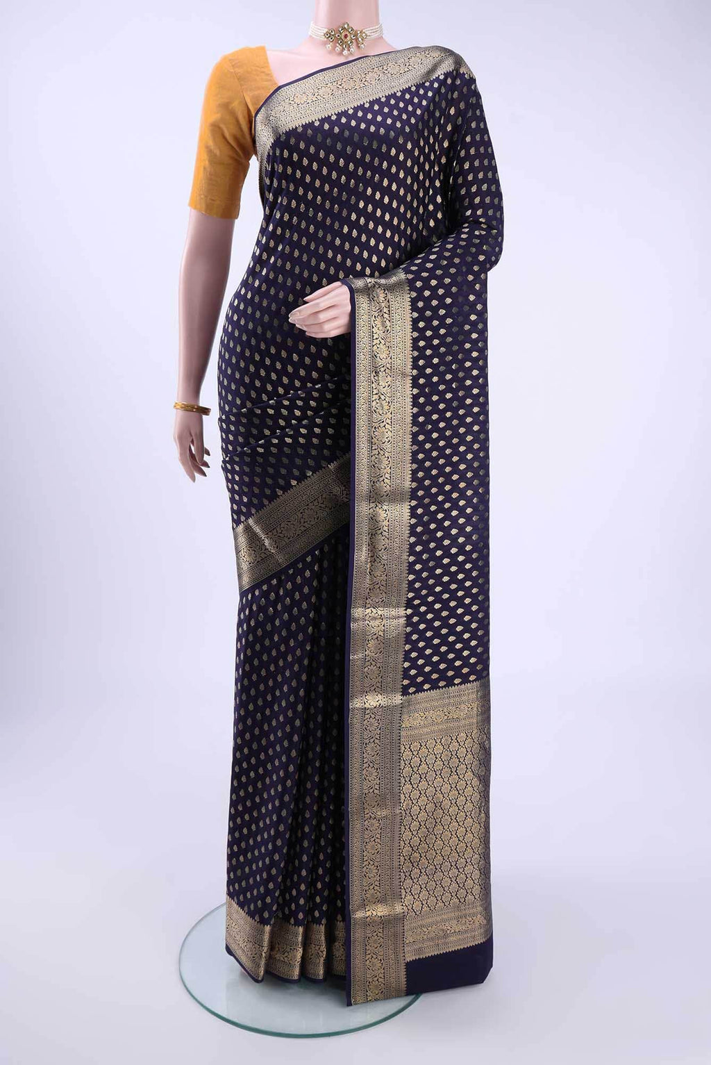 Navy Blue Mysore Crepe Saree