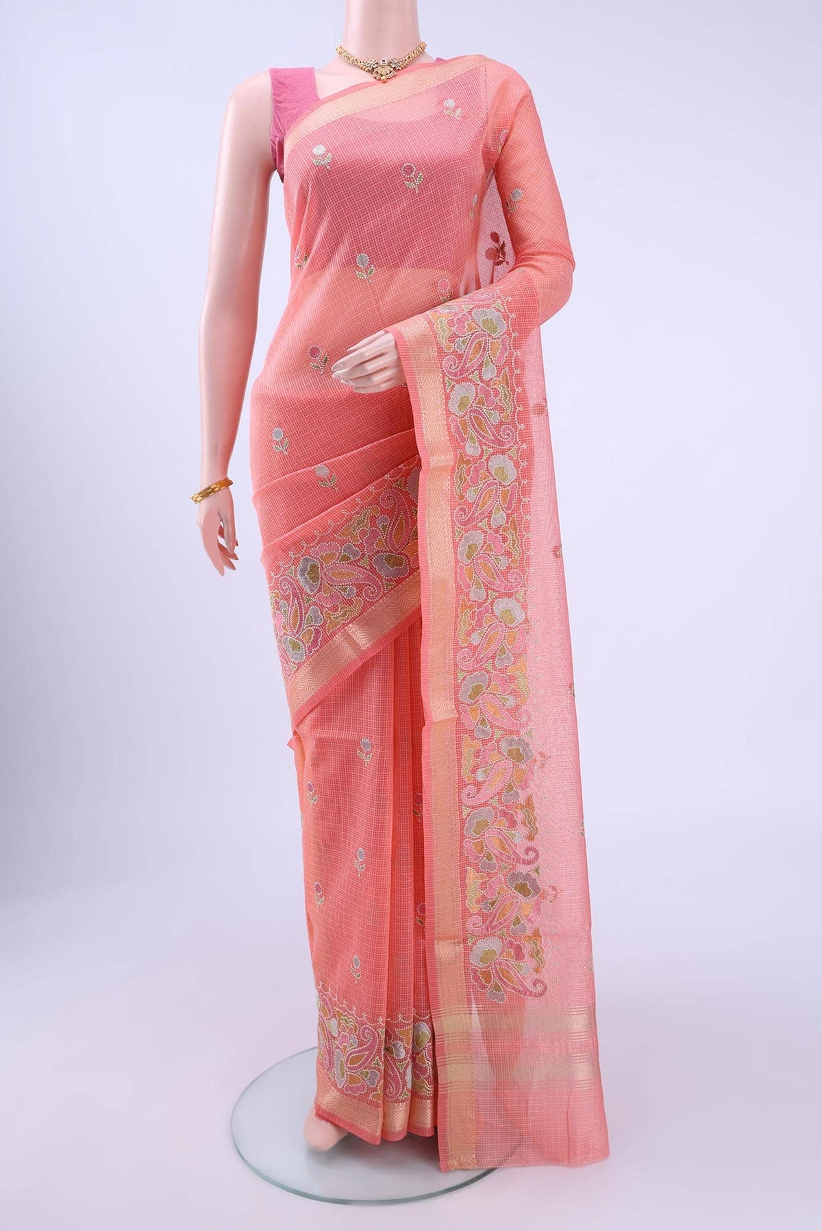 Peach Kota Cotton Saree