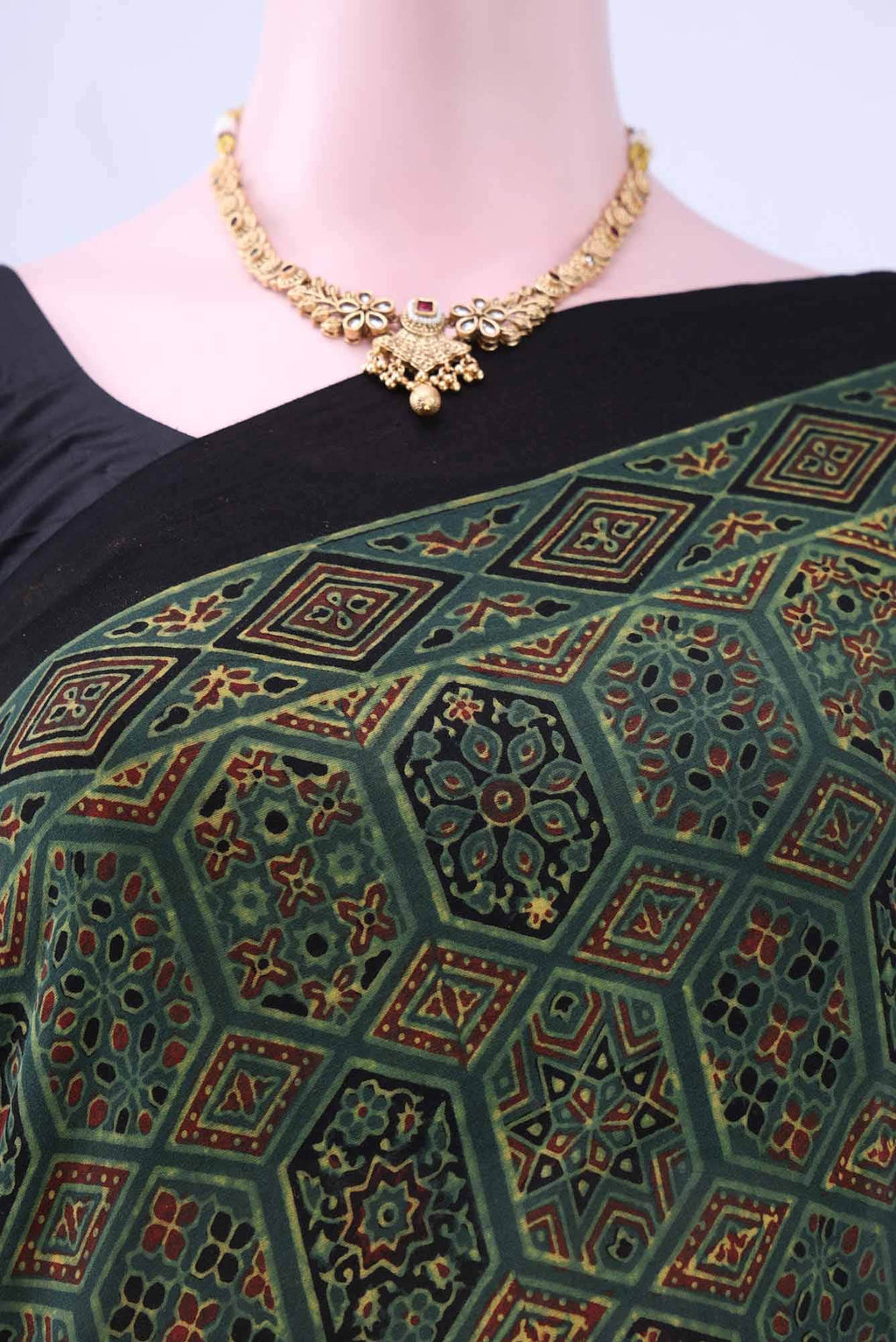 Bottle Green Printed Cotton Saree