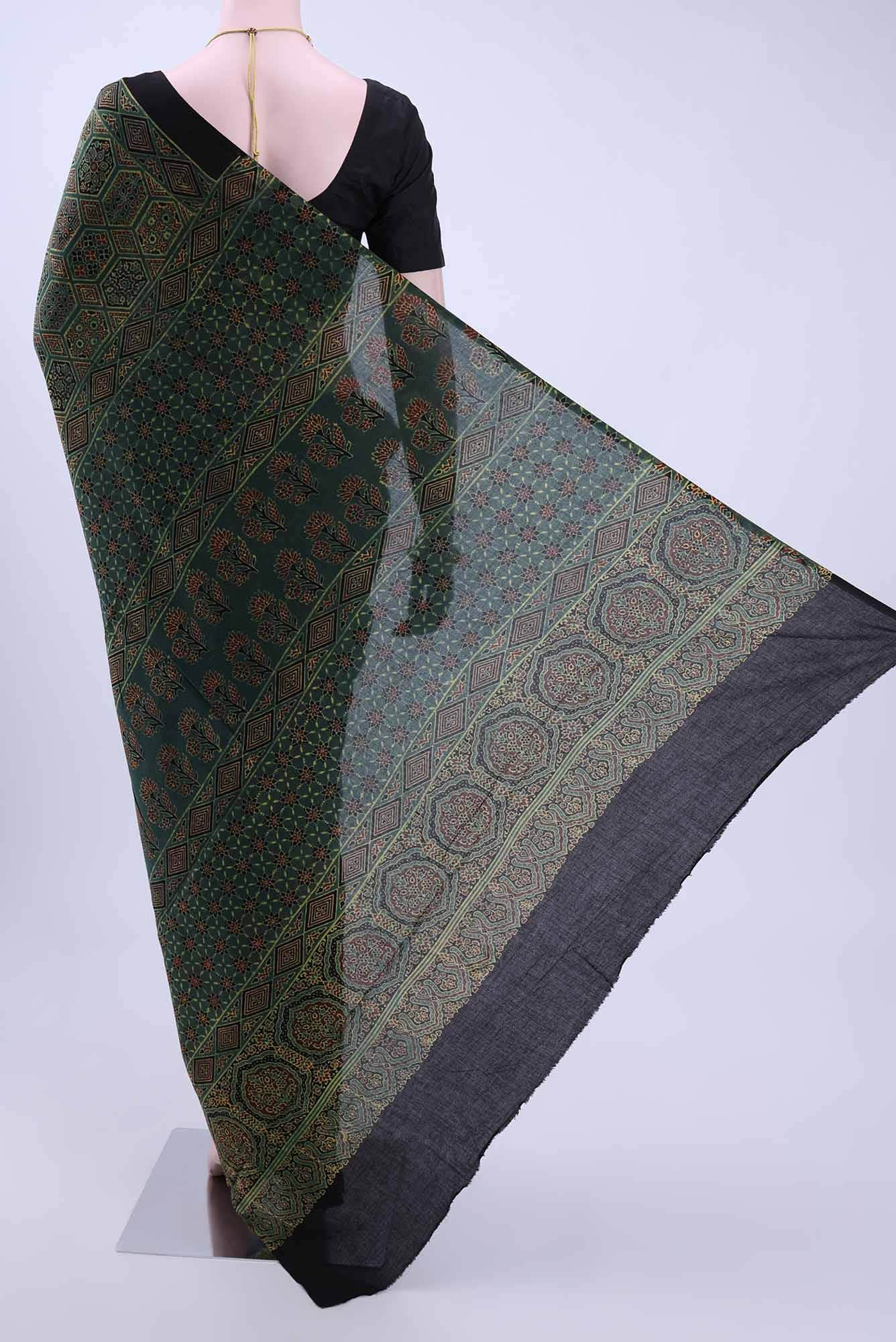Bottle Green Printed Cotton Saree
