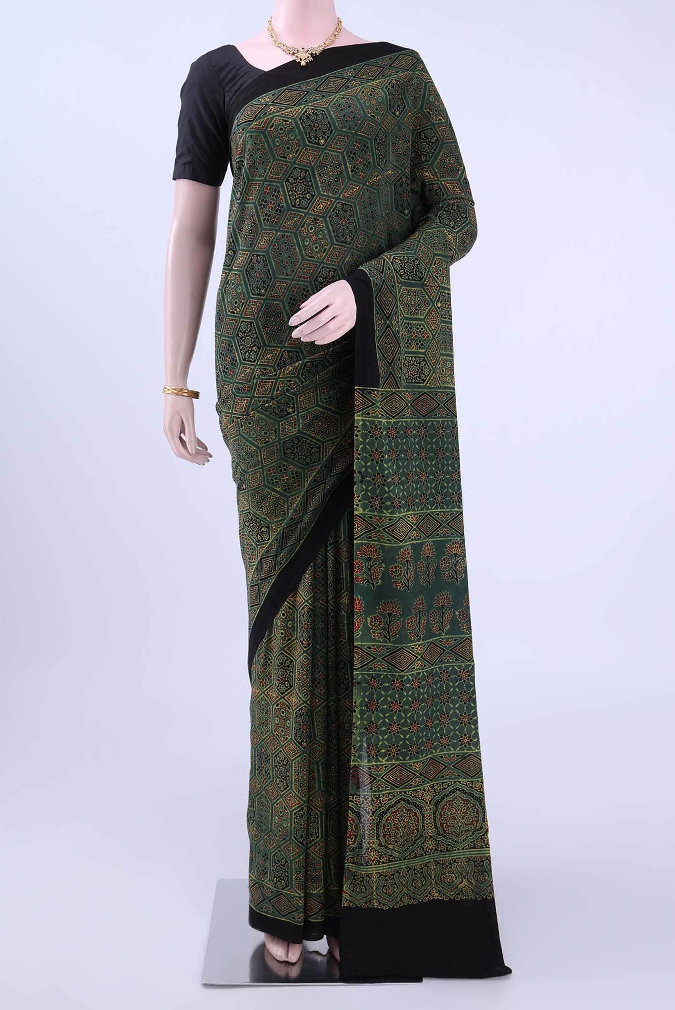 Bottle Green Printed Cotton Saree