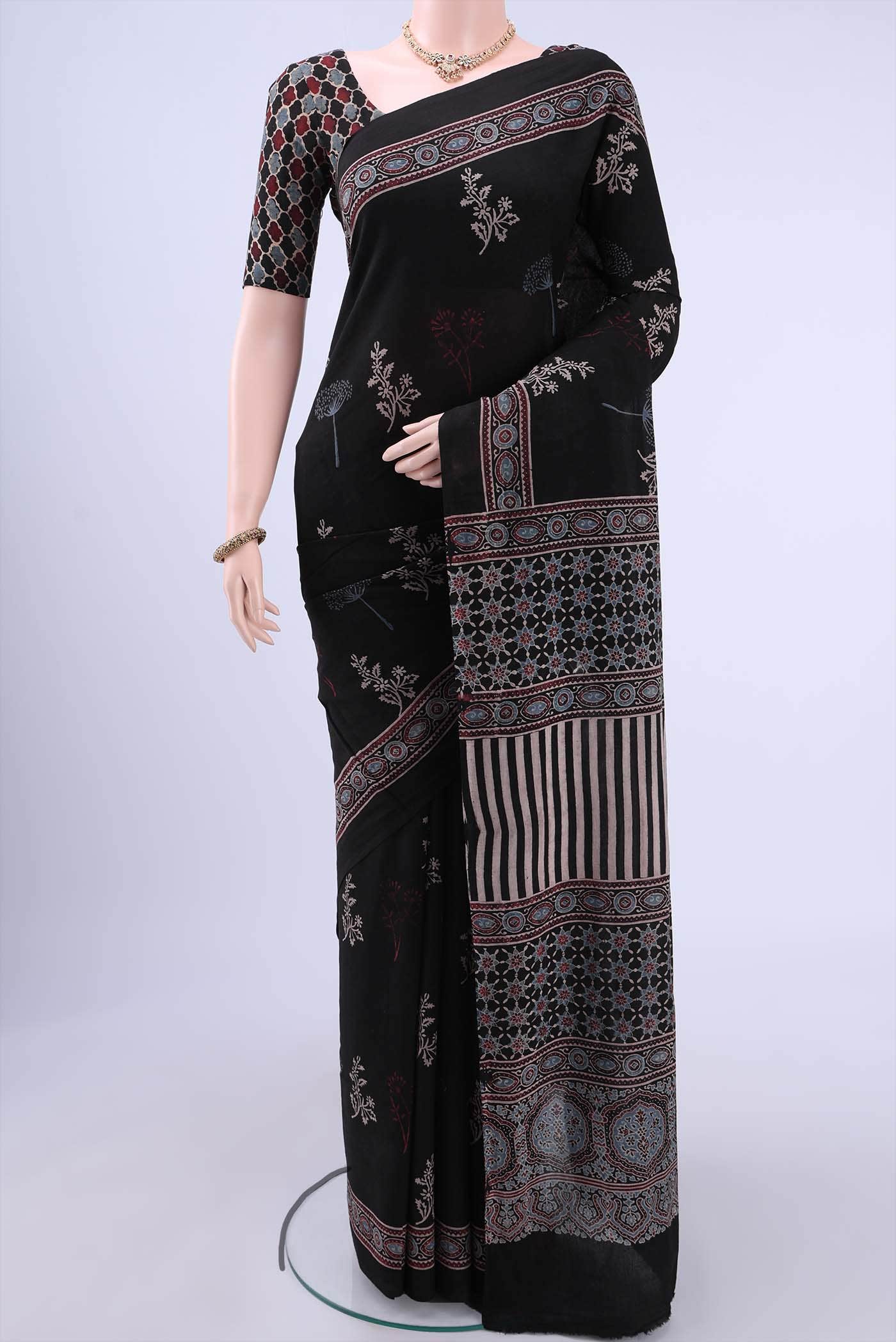 Black Printed Cotton Saree