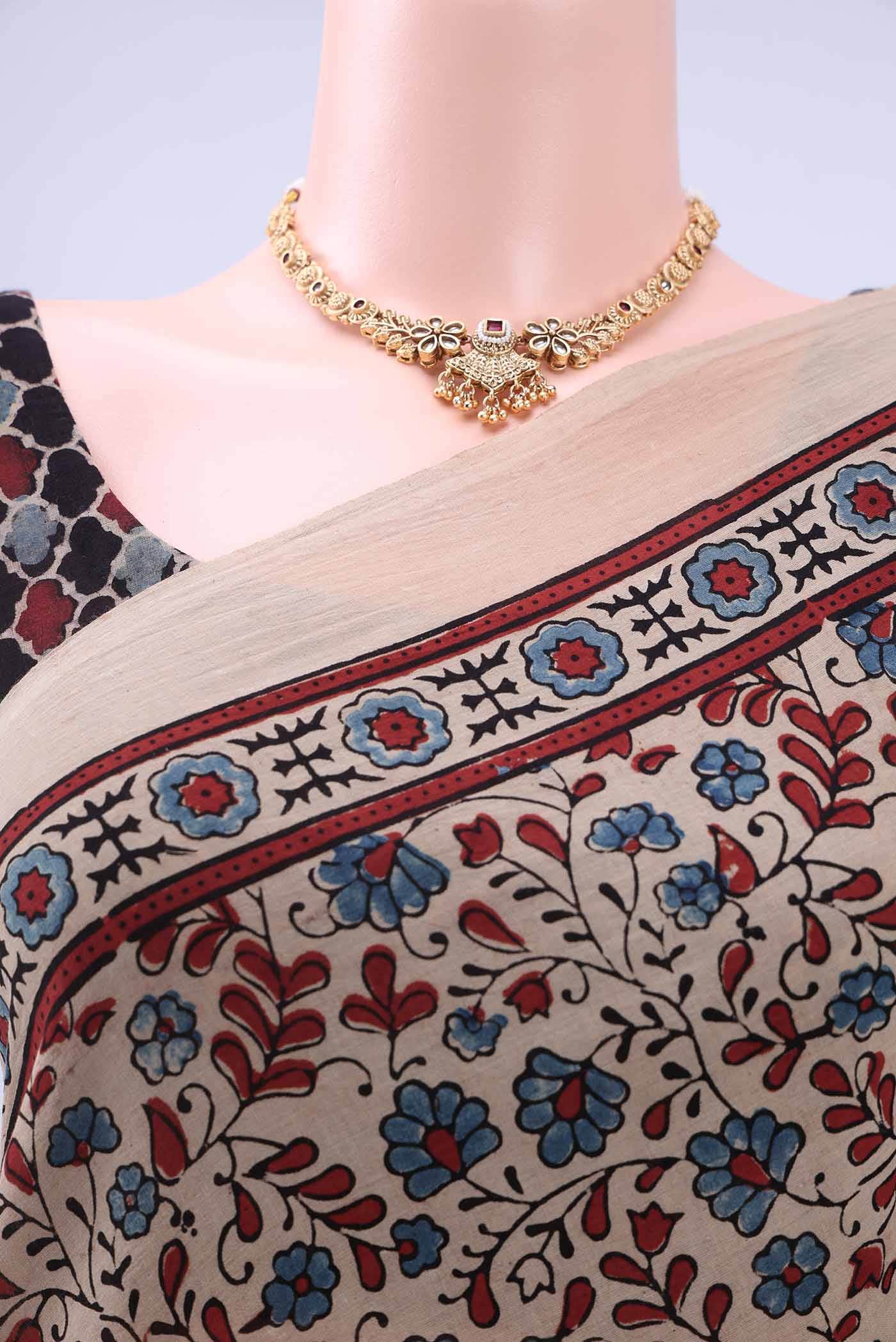 Beige Printed Cotton Saree