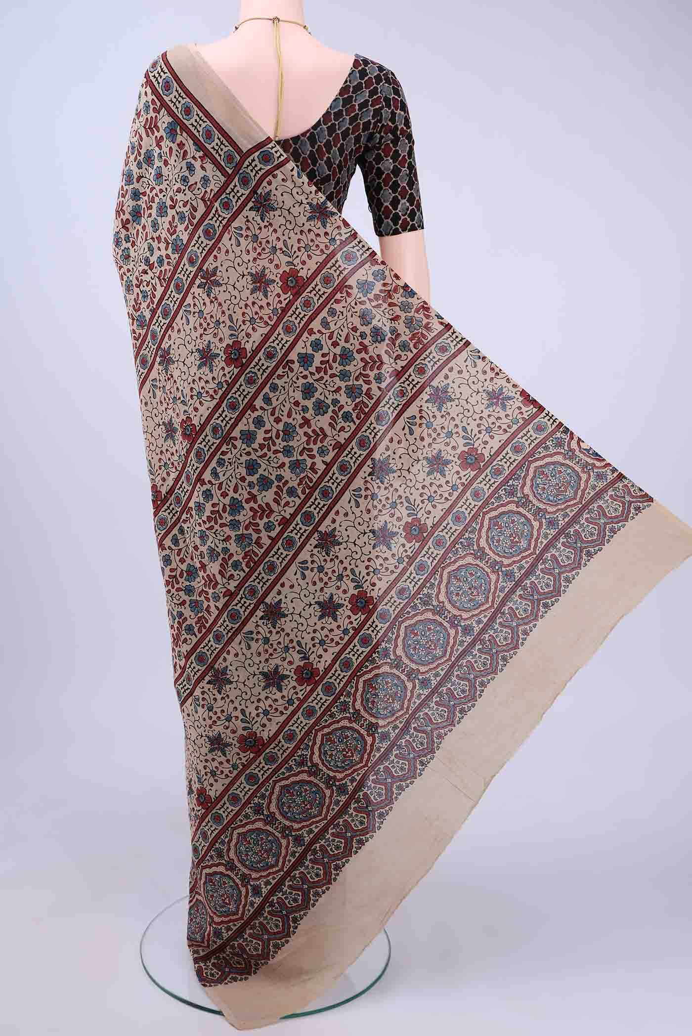 Beige Printed Cotton Saree