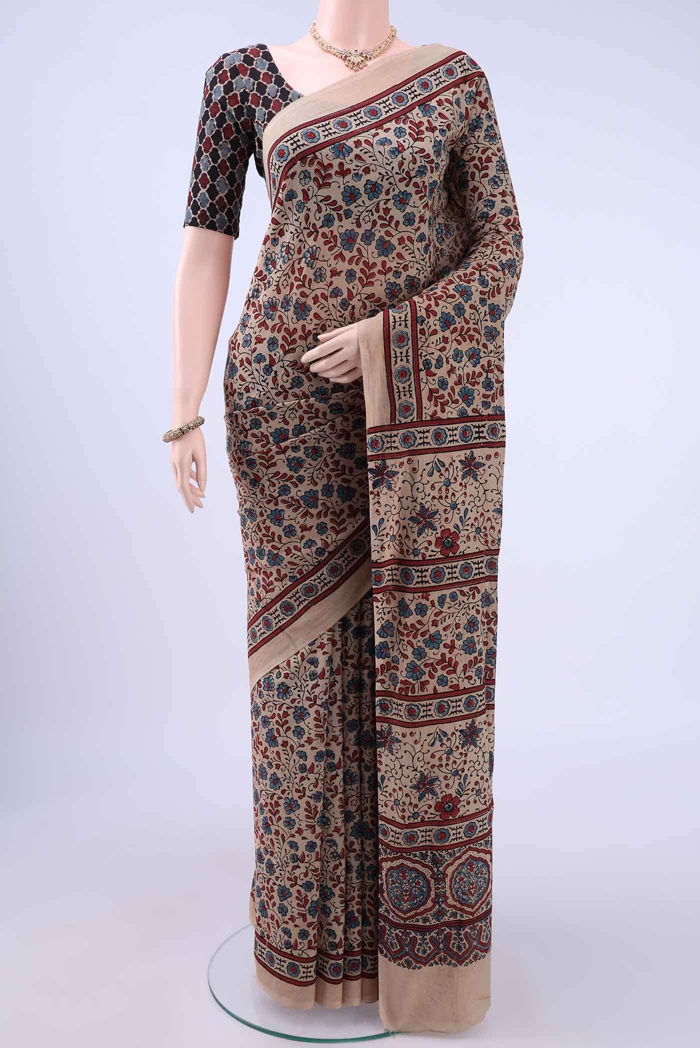 Beige Printed Cotton Saree