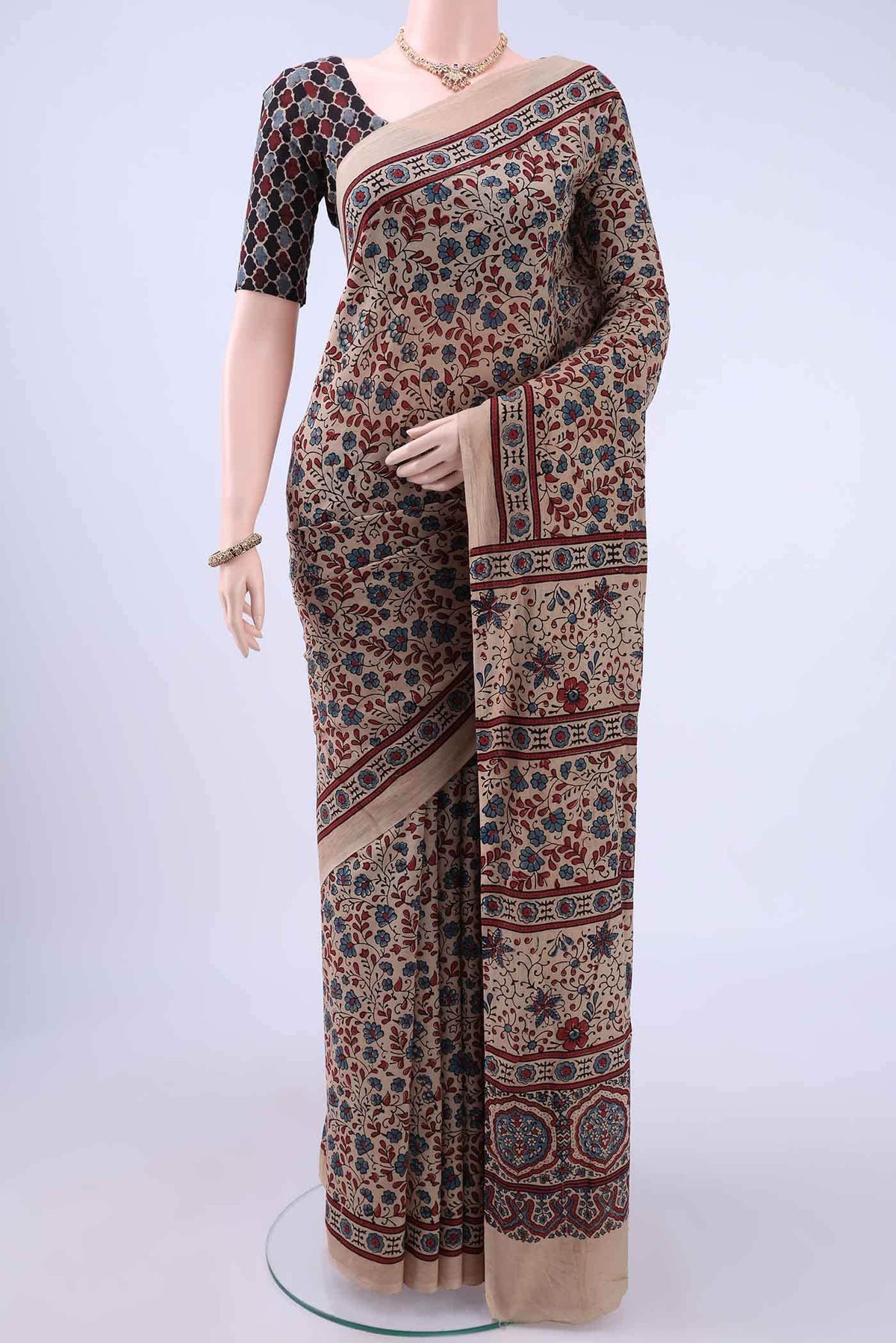 Beige Printed Cotton Saree