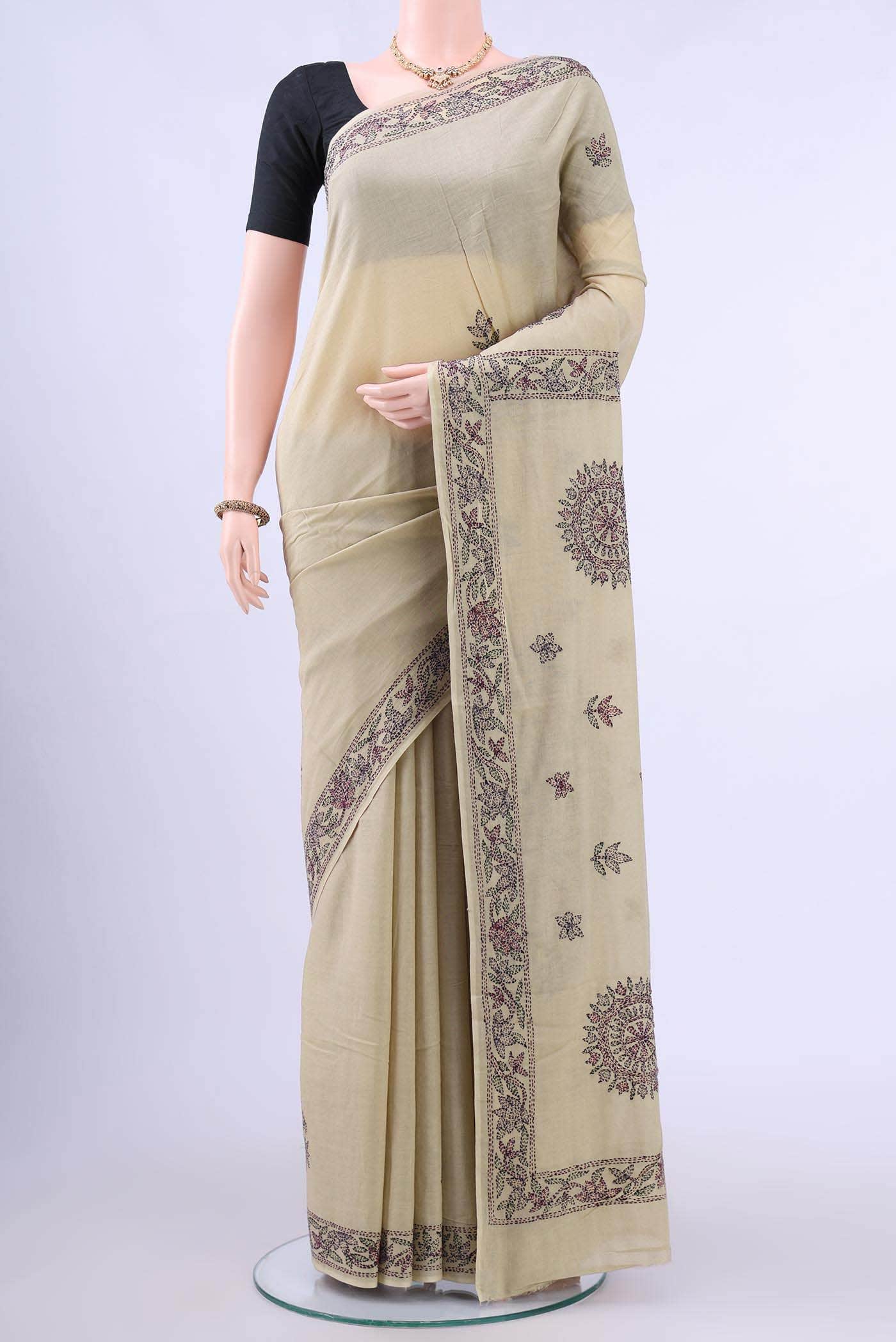 Beige Kantha Silk Saree
