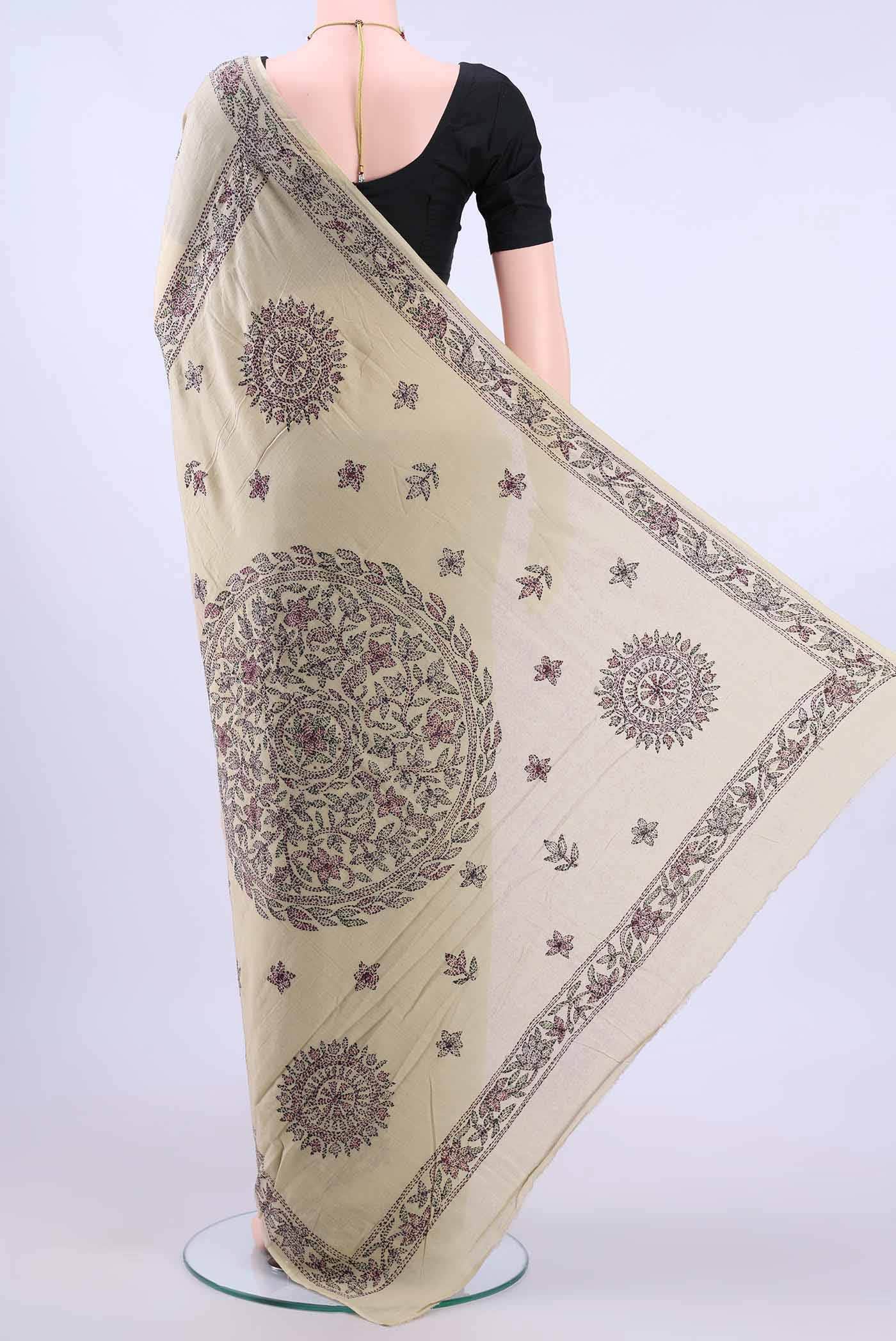 Beige Kantha Silk Saree
