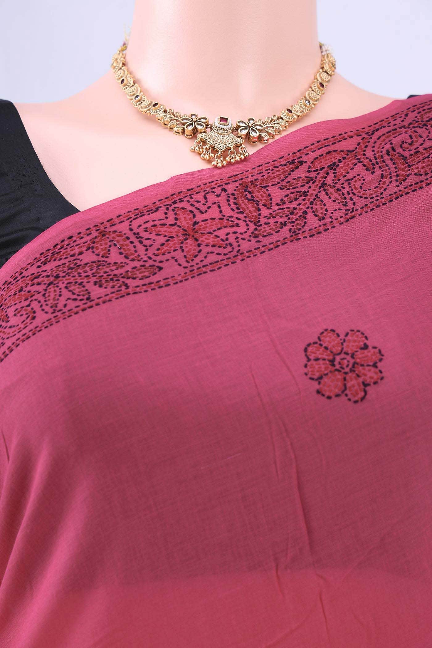 Dark Pink Kantha Silk Saree