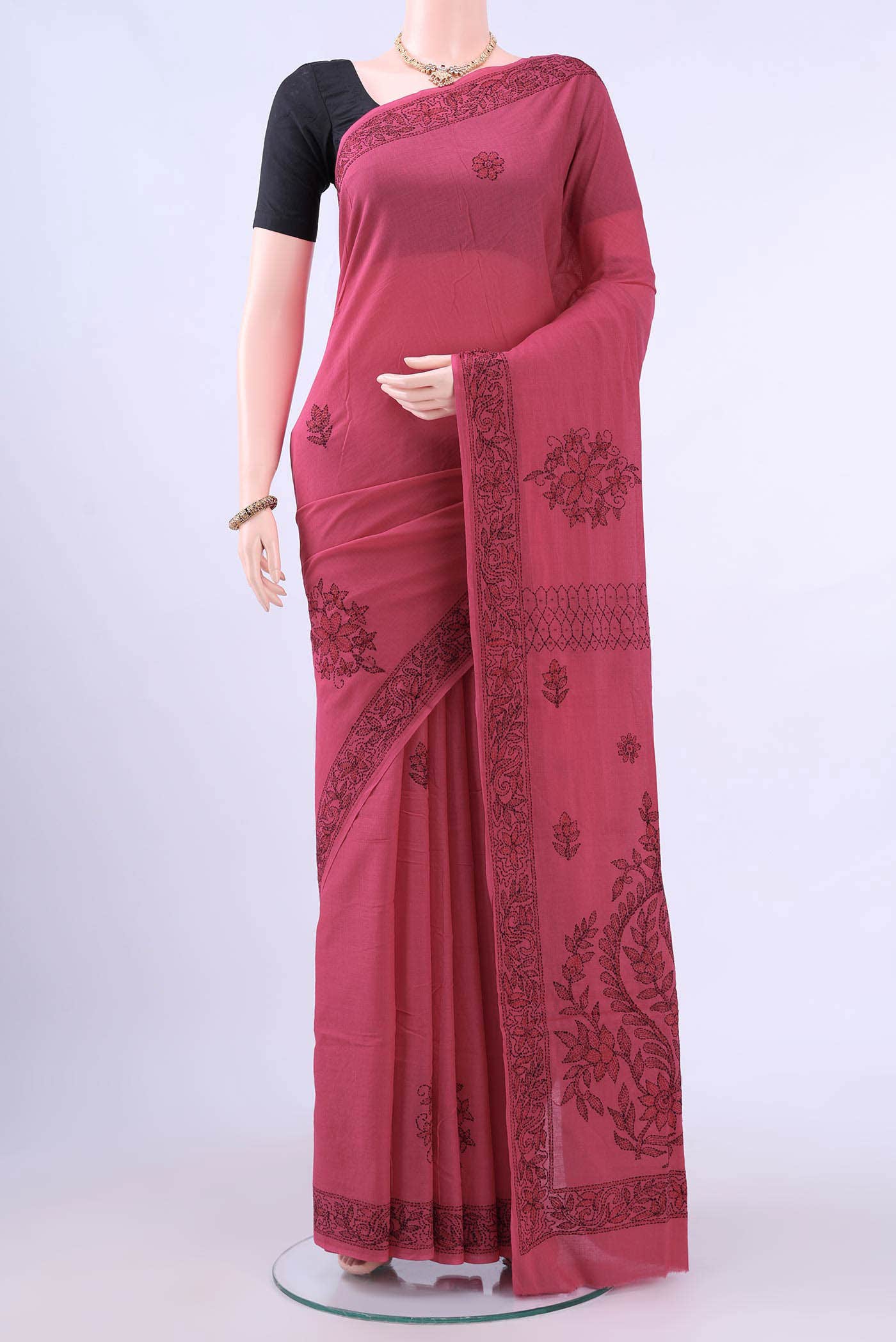 Dark Pink Kantha Silk Saree