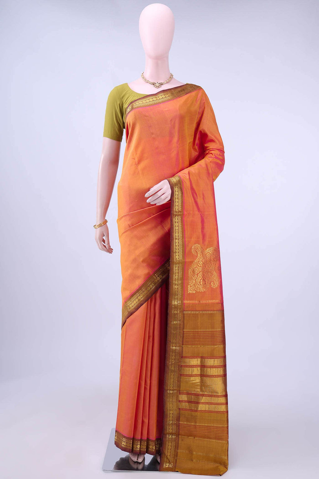 Brick Orange Kanchipuram Silk Saree