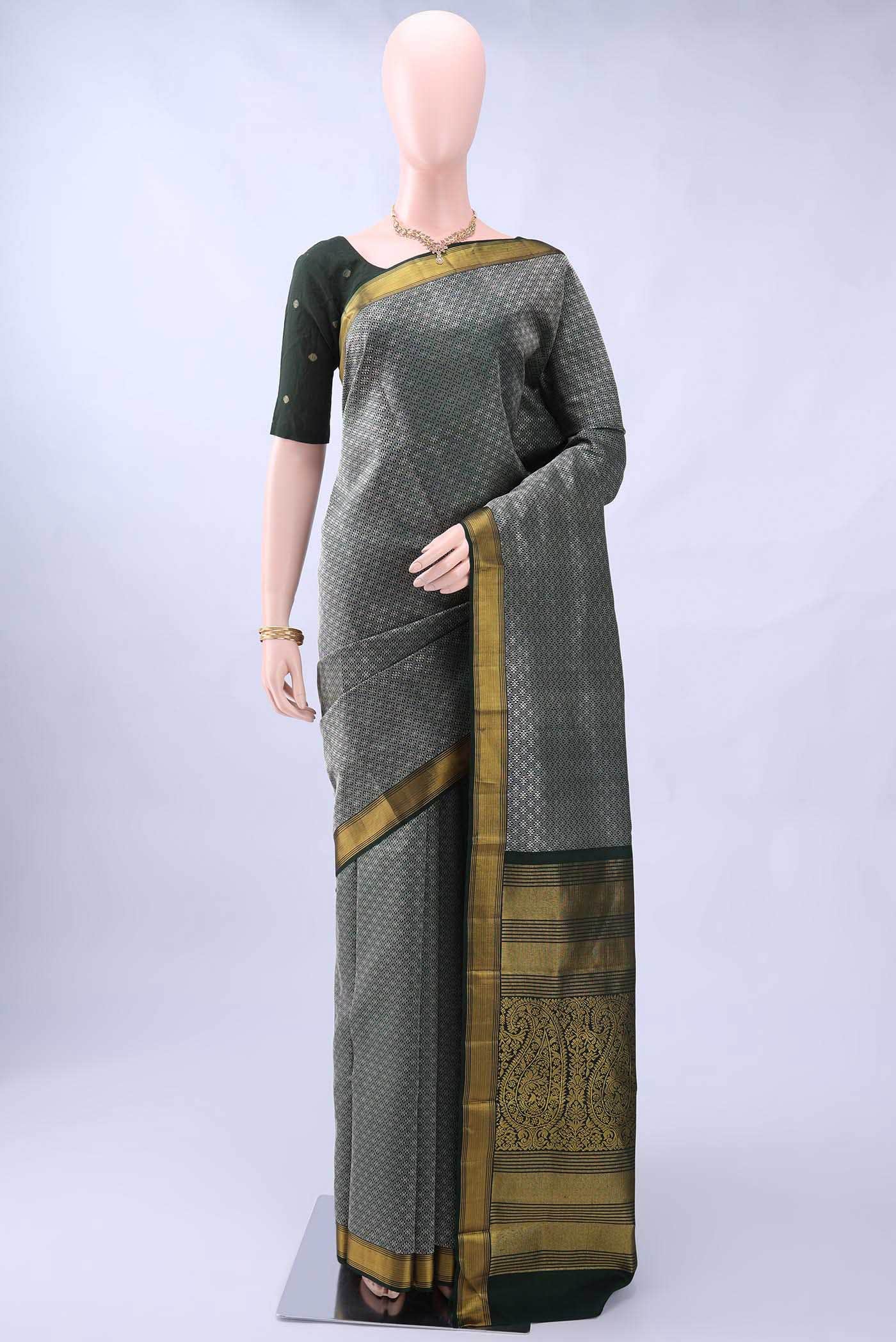 Pure Silk Pure Zari Bottle Green Dual Tone Kanchipuram Saree