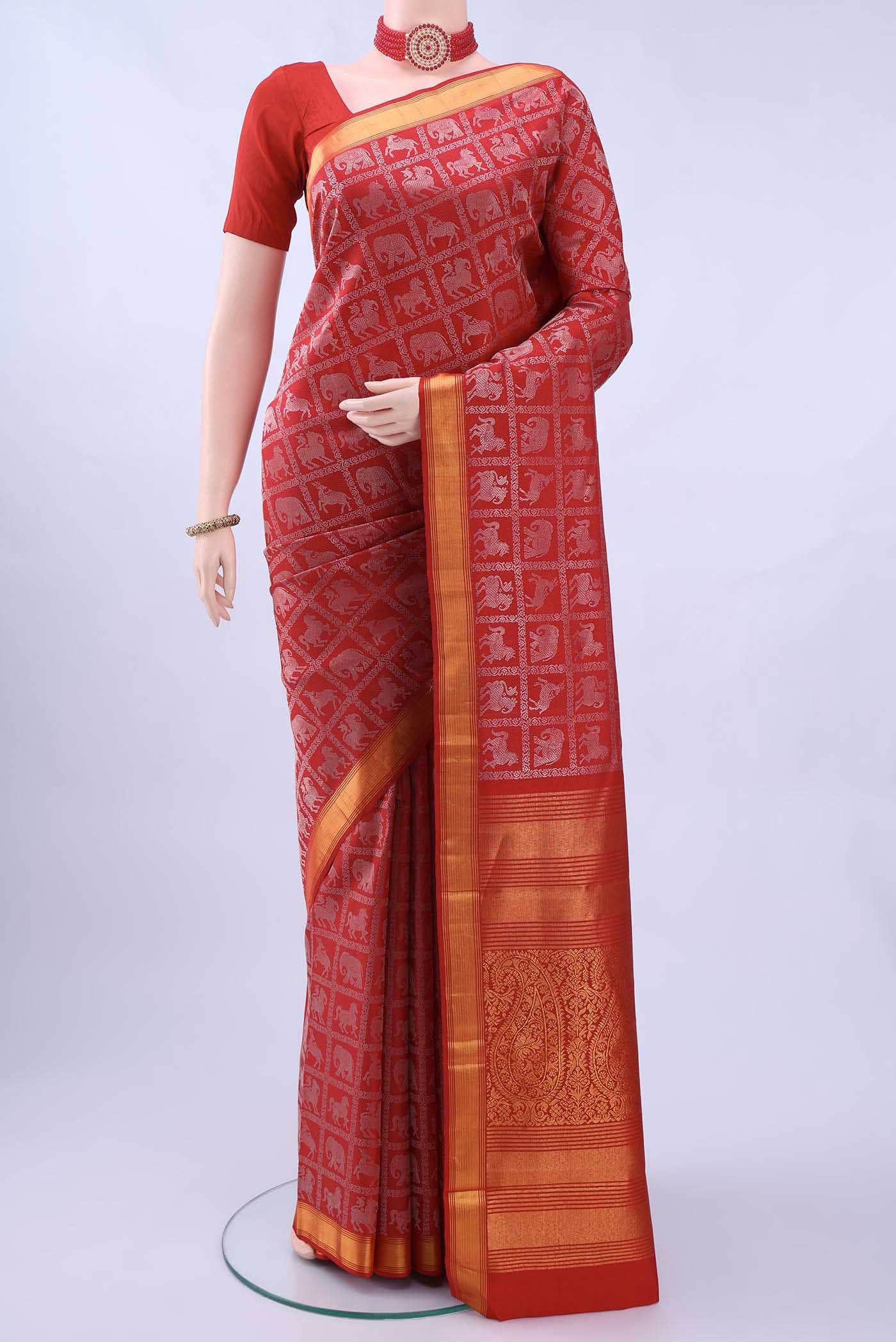 Pure Silk Pure Zari Imperial Red Dual Tone Kanchipuram Saree