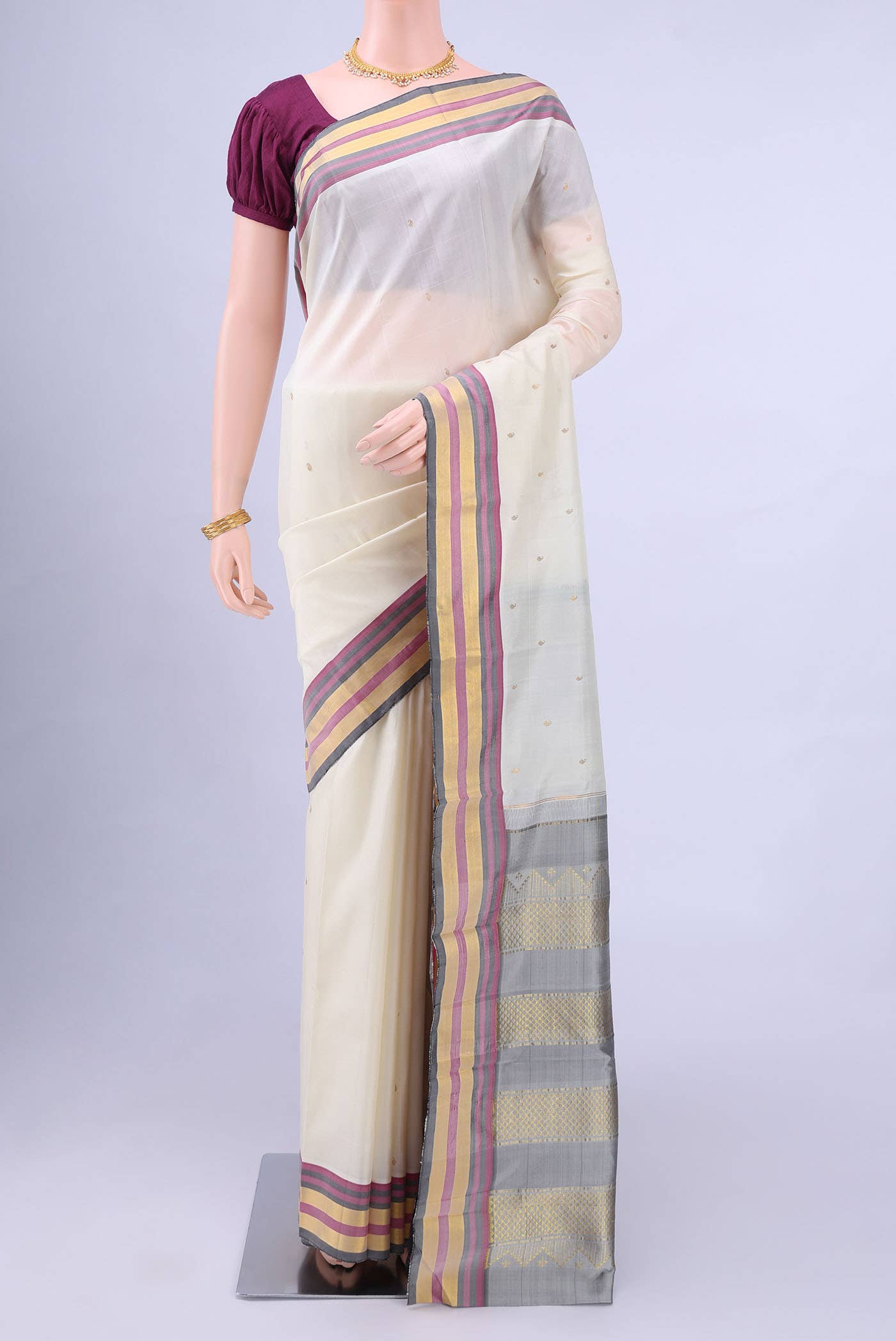 Off White Kanchipuram Silk Saree