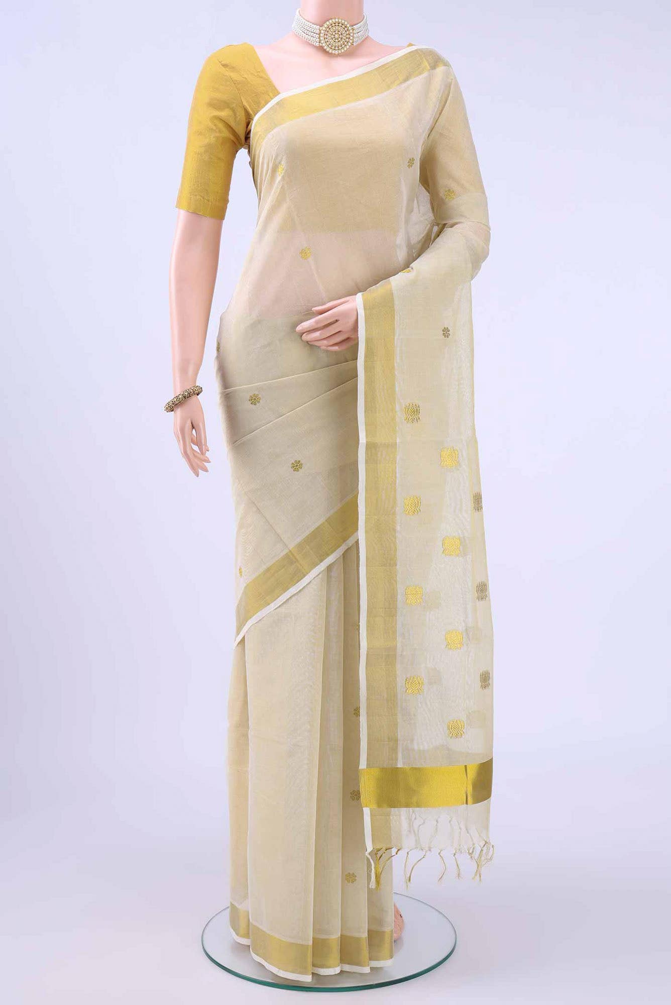 Off White Kerala Cotton - Kasava Saree
