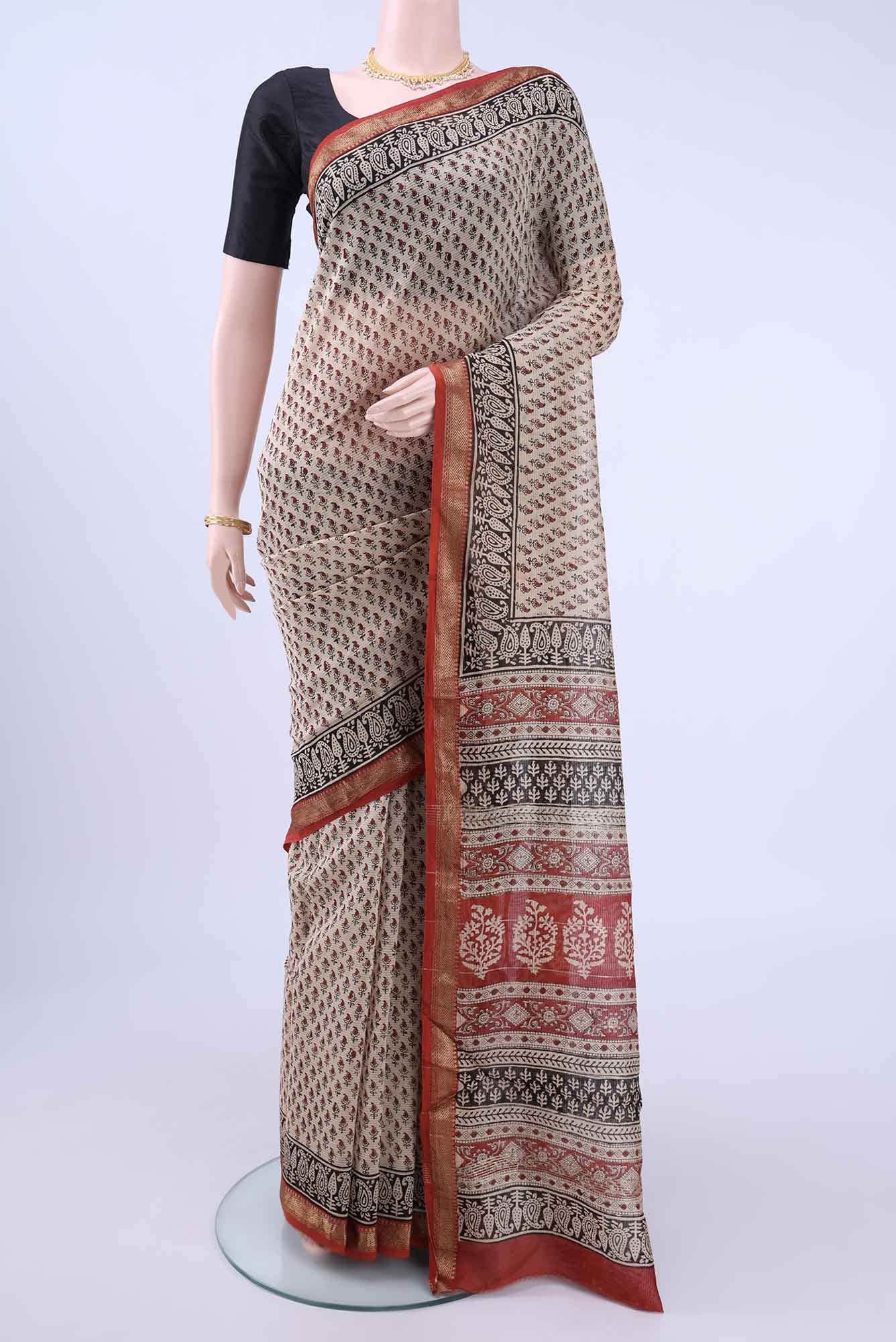 Beige Maheshwari Silk Cotton Saree