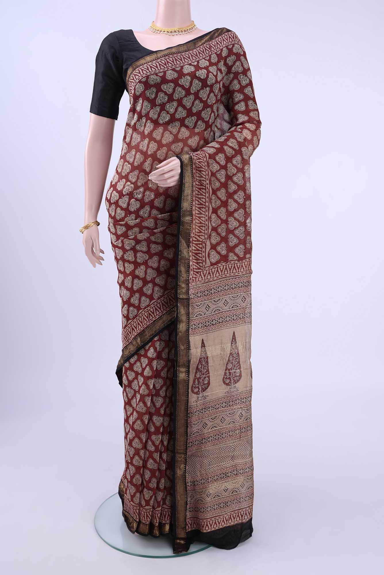 Rust Maheshwari Silk Cotton Saree