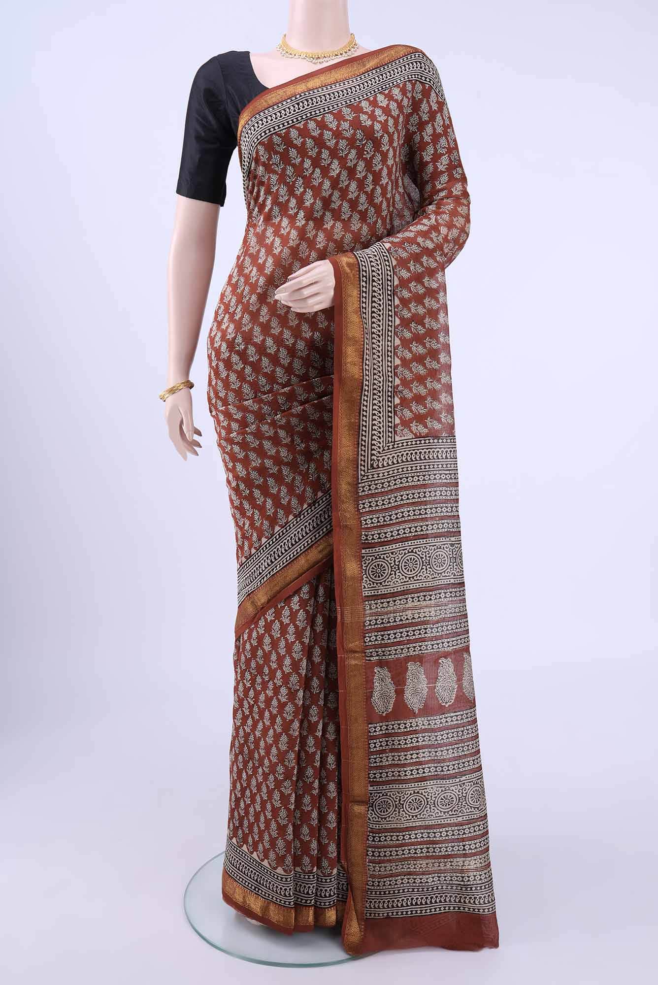 Rust Maheshwari Silk Cotton Saree