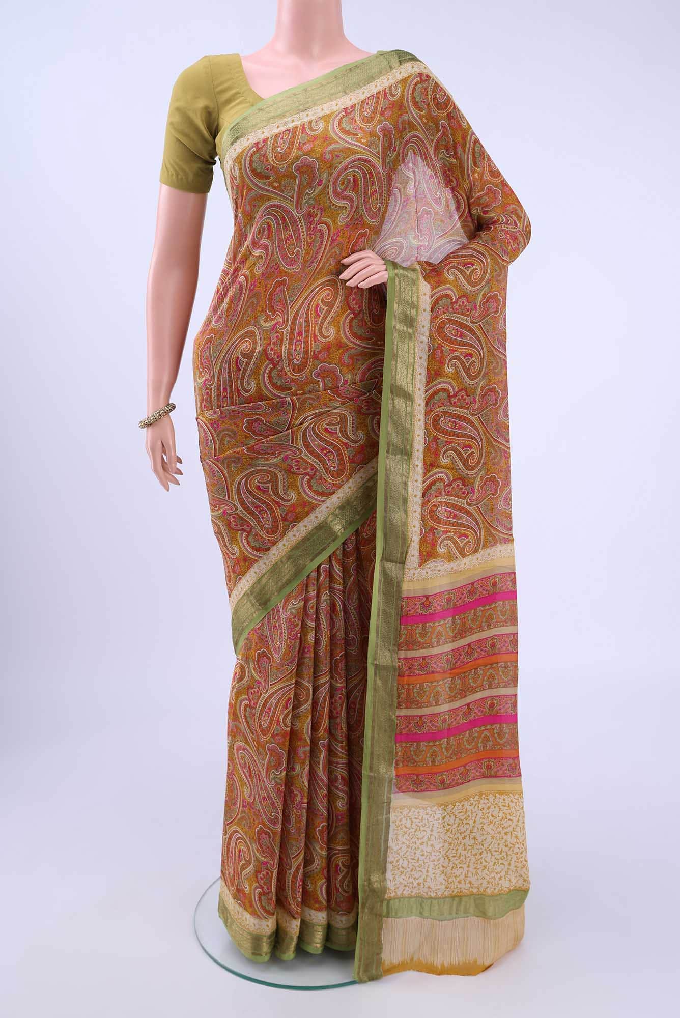 Brick Orange Printed Silk Saree