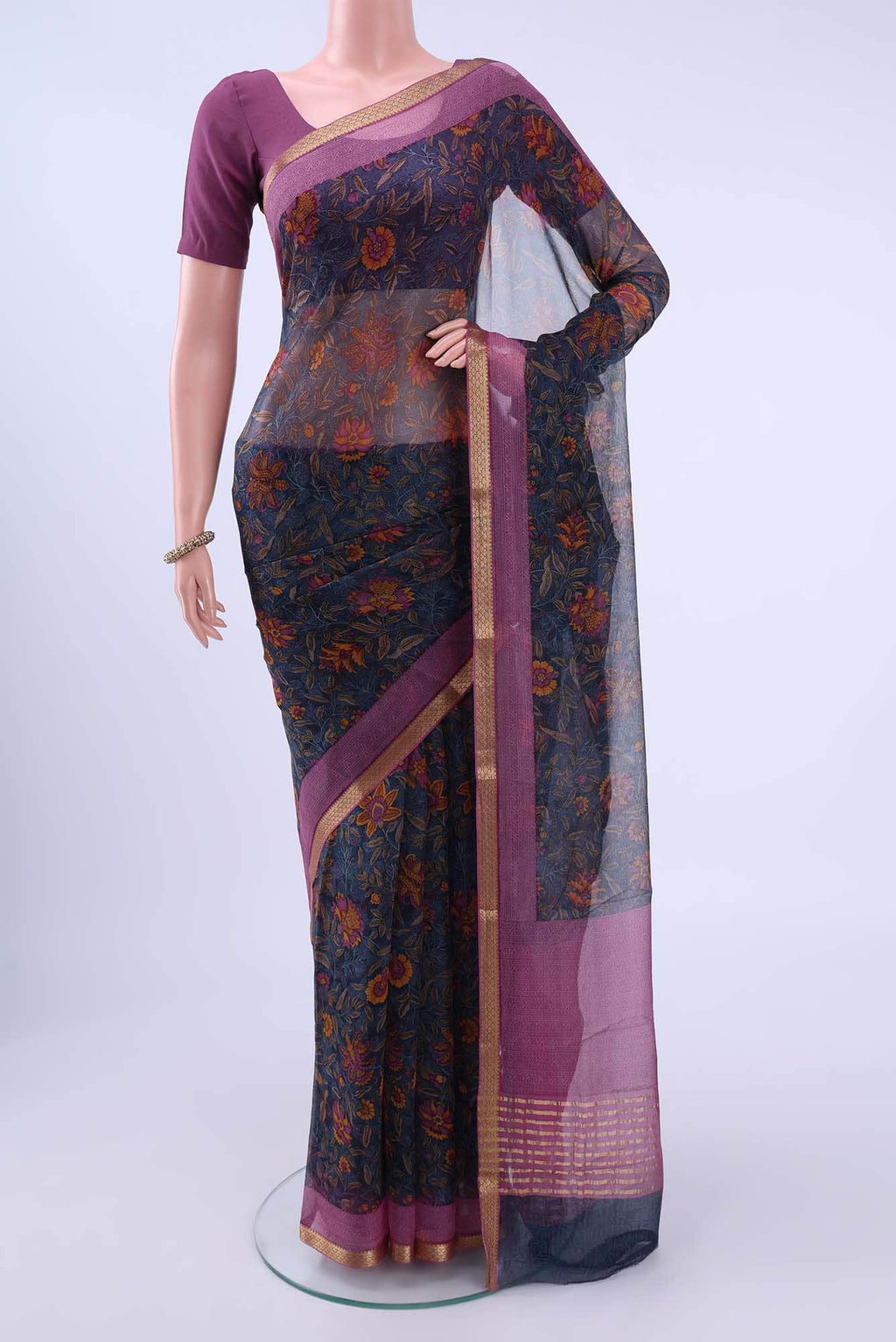 Navy Blue Mysore Chiffon Saree