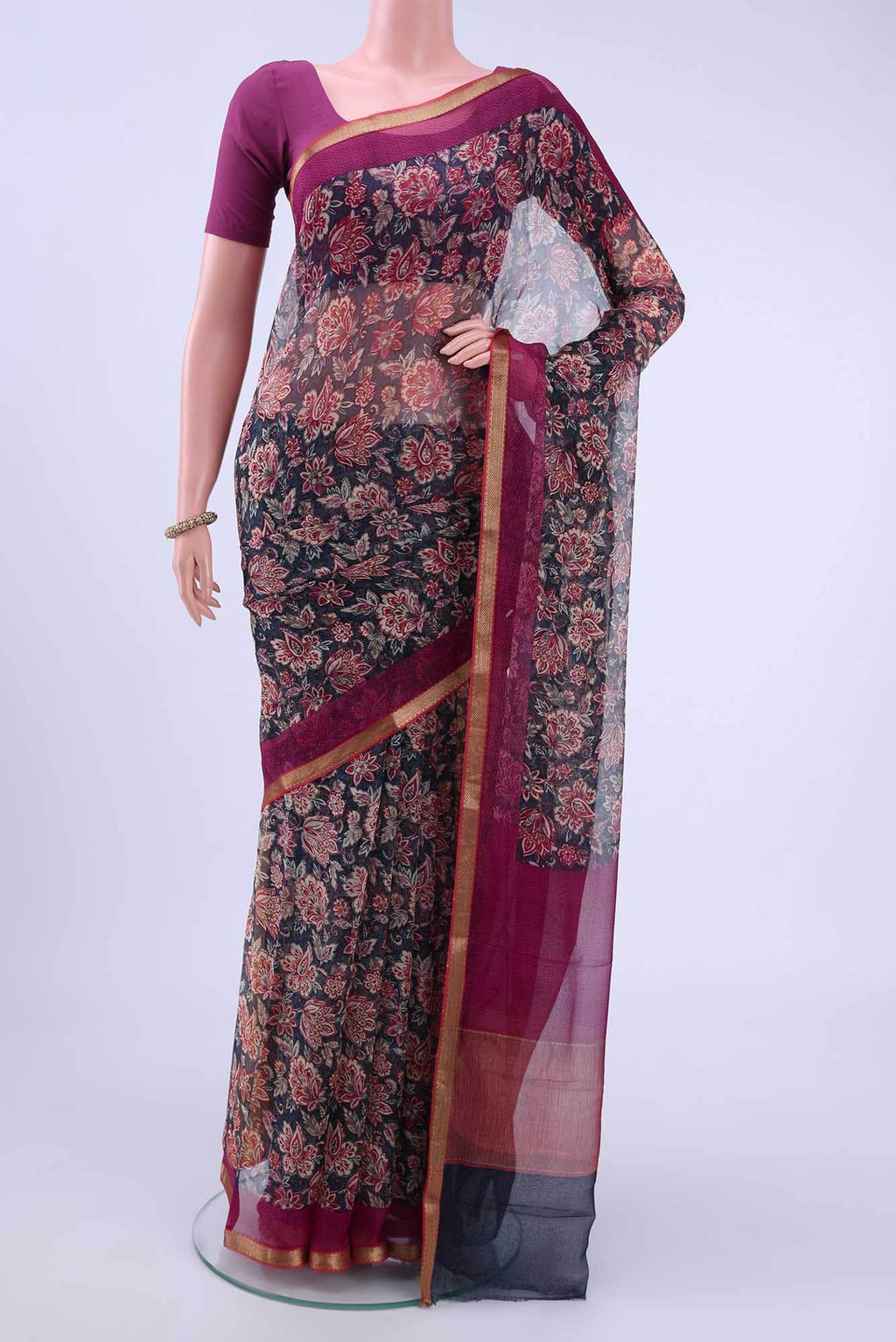 Navy Blue Mysore Chiffon Saree