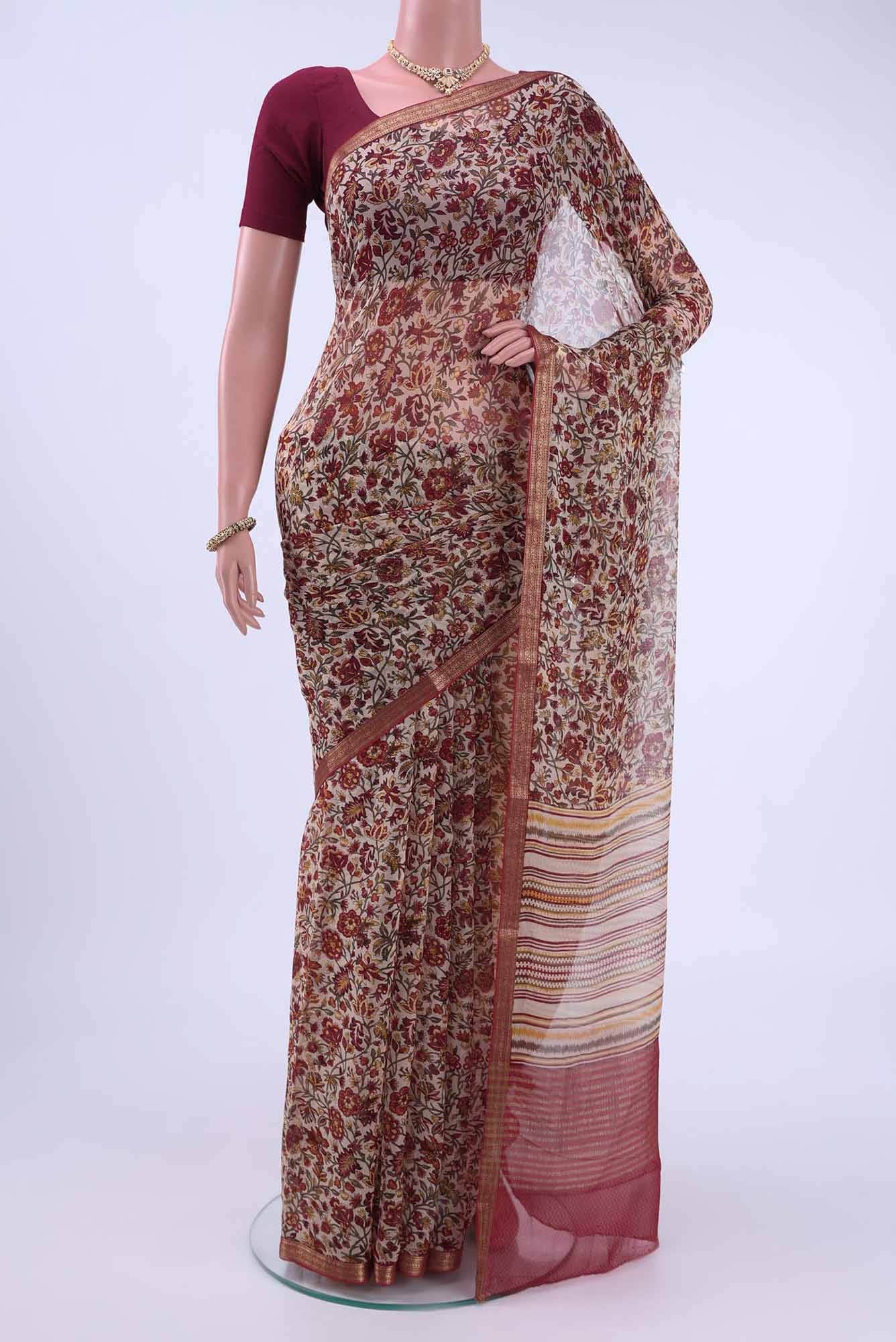 Off White Mysore Chiffon Saree