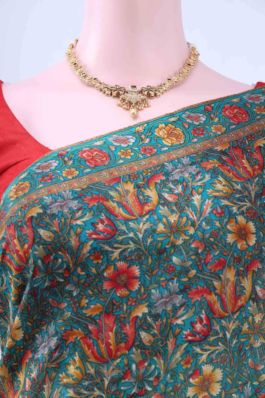 Turquoise Printed Silk Saree