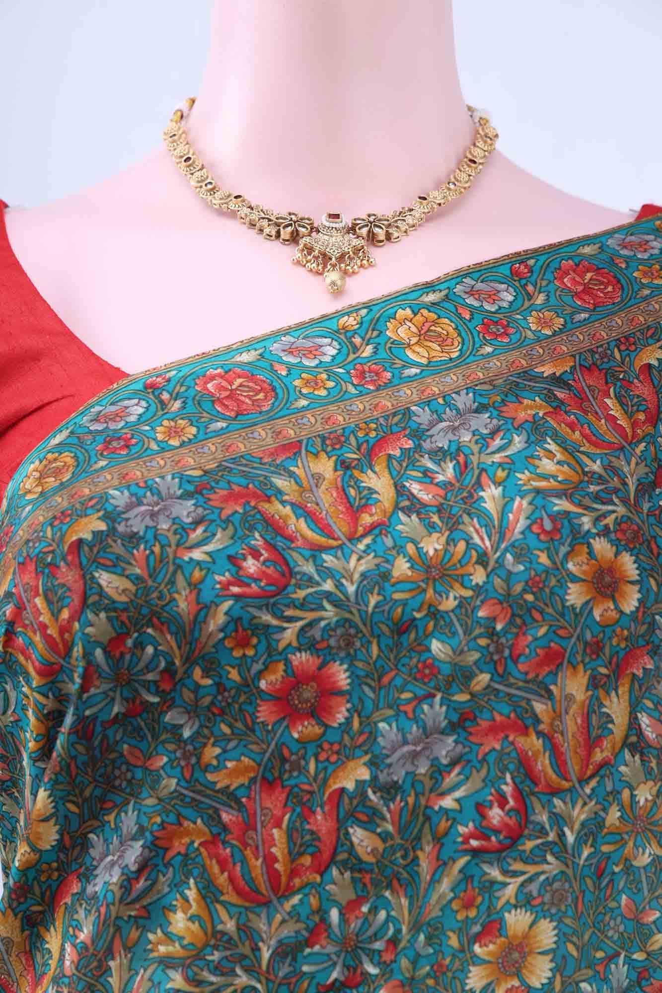Turquoise Printed Silk Saree