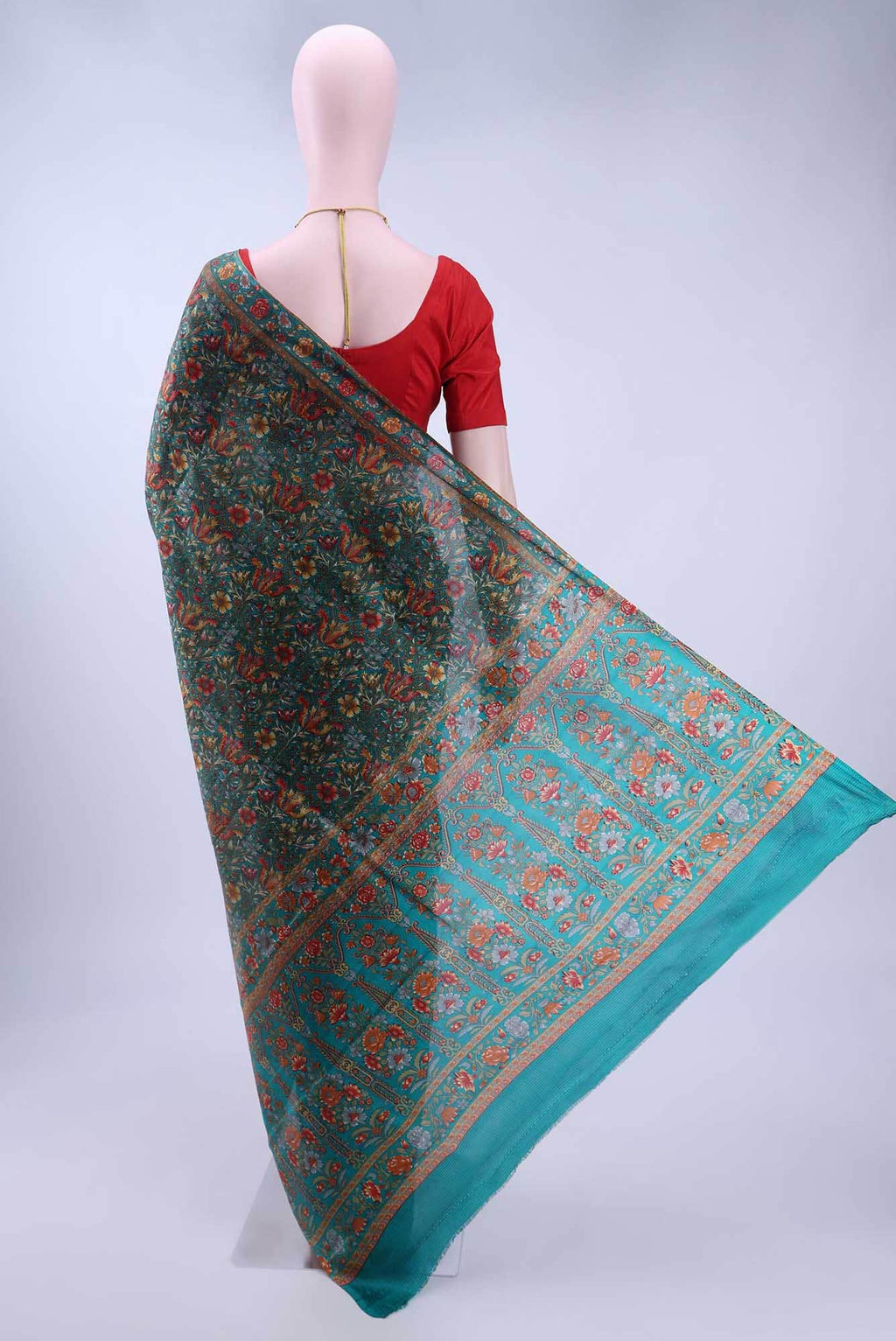 Turquoise Printed Silk Saree