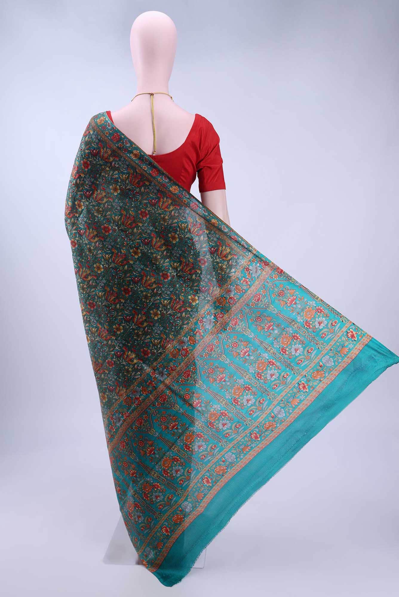 Turquoise Printed Silk Saree