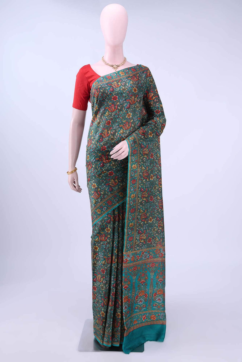 Turquoise Printed Silk Saree