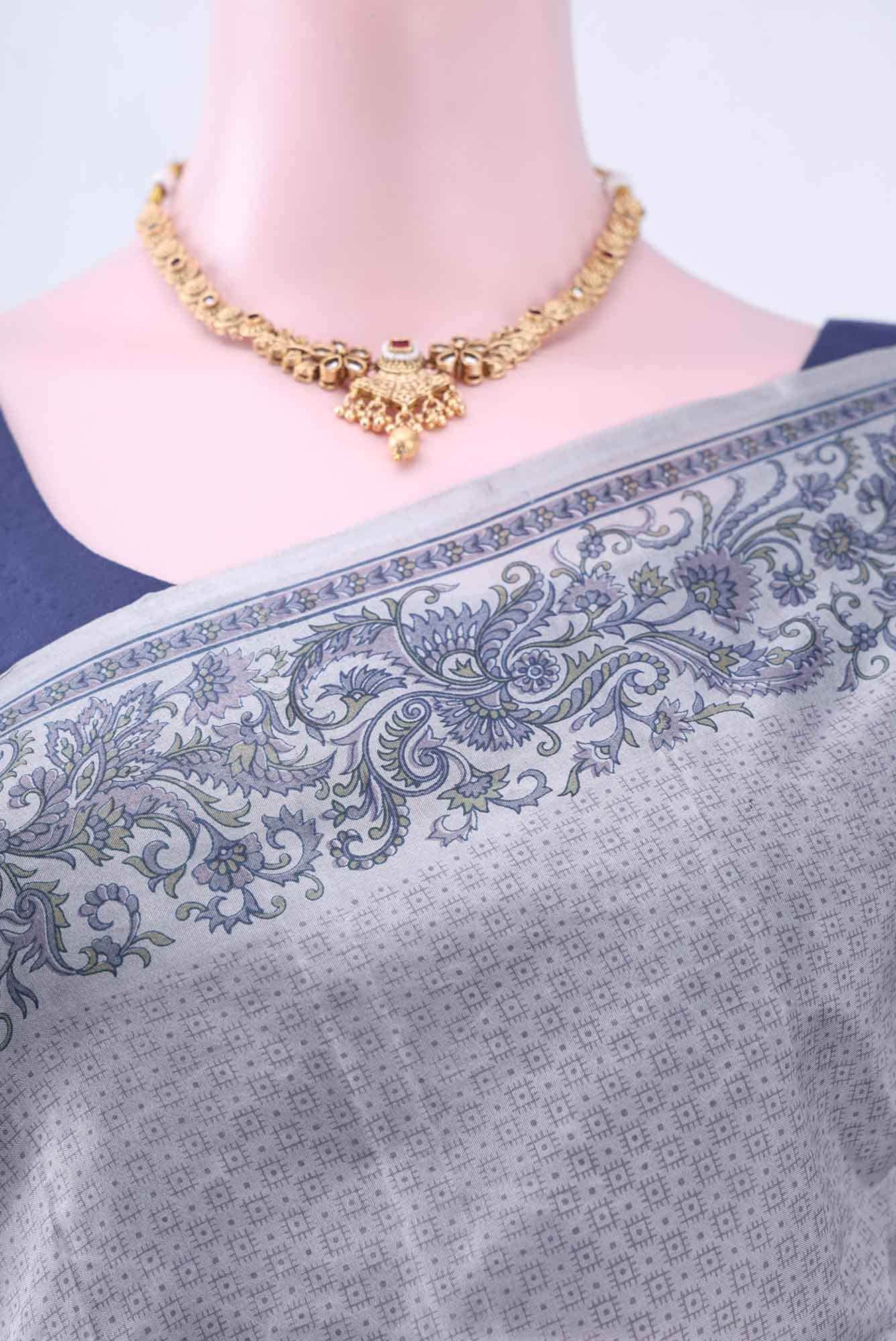 Blue Grey Printed Silk Saree