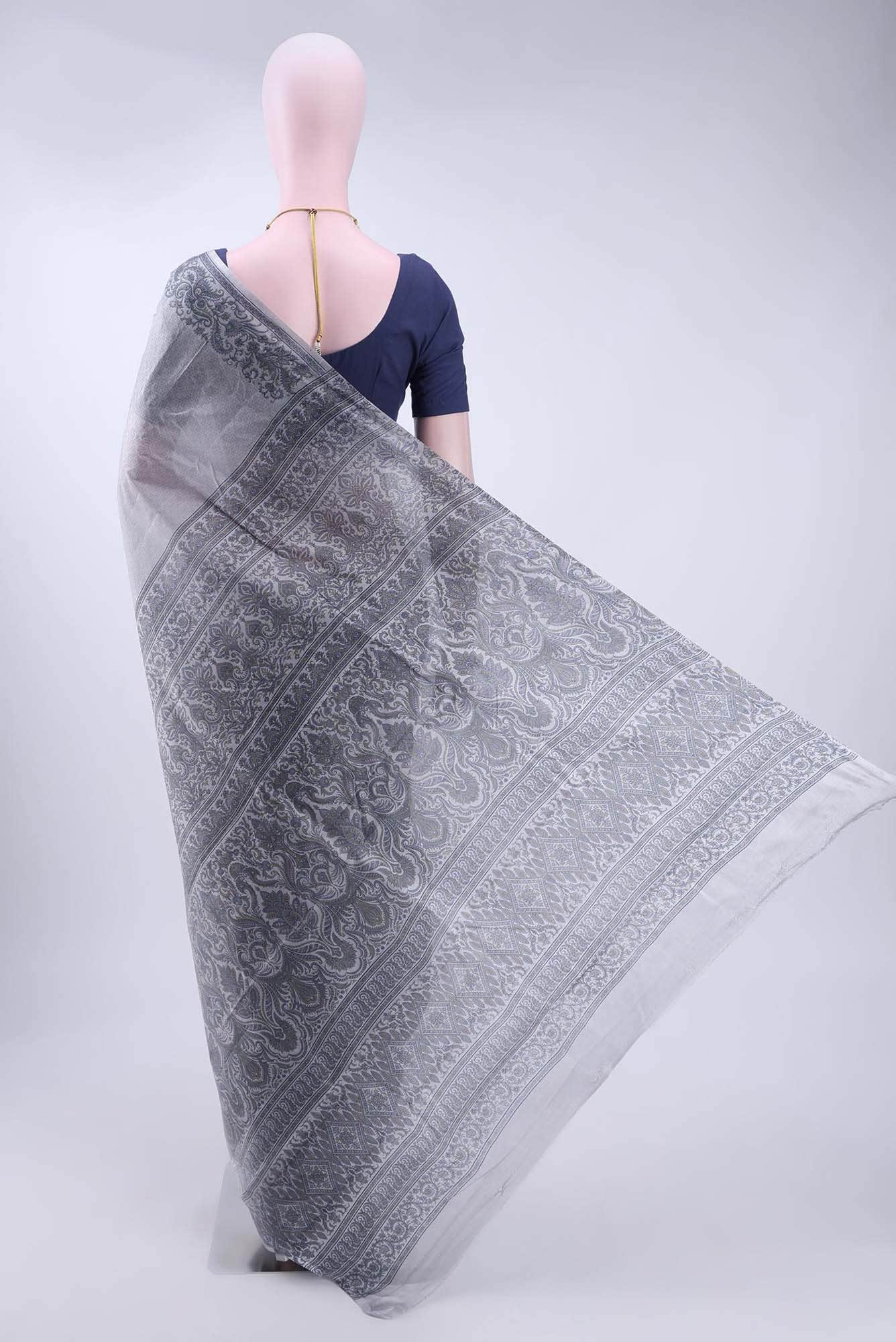 Blue Grey Printed Silk Saree