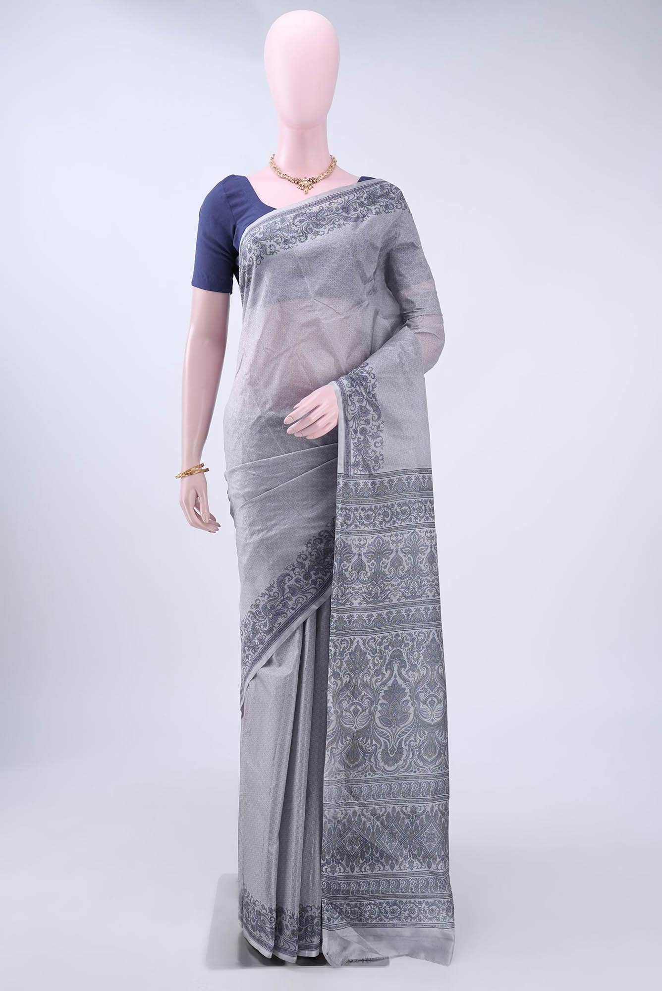 Blue Grey Printed Silk Saree