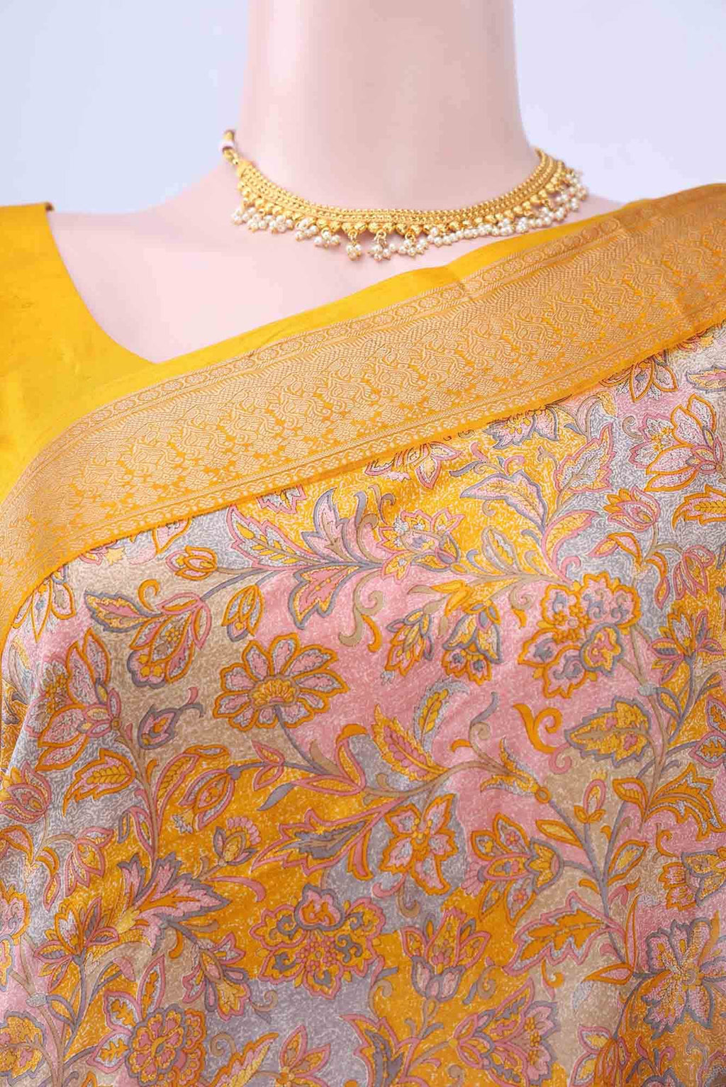 Lemon Yellow Printed Silk Saree