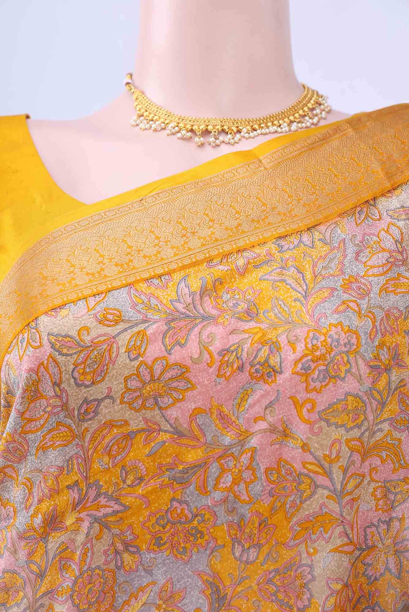 Lemon Yellow Printed Silk Saree