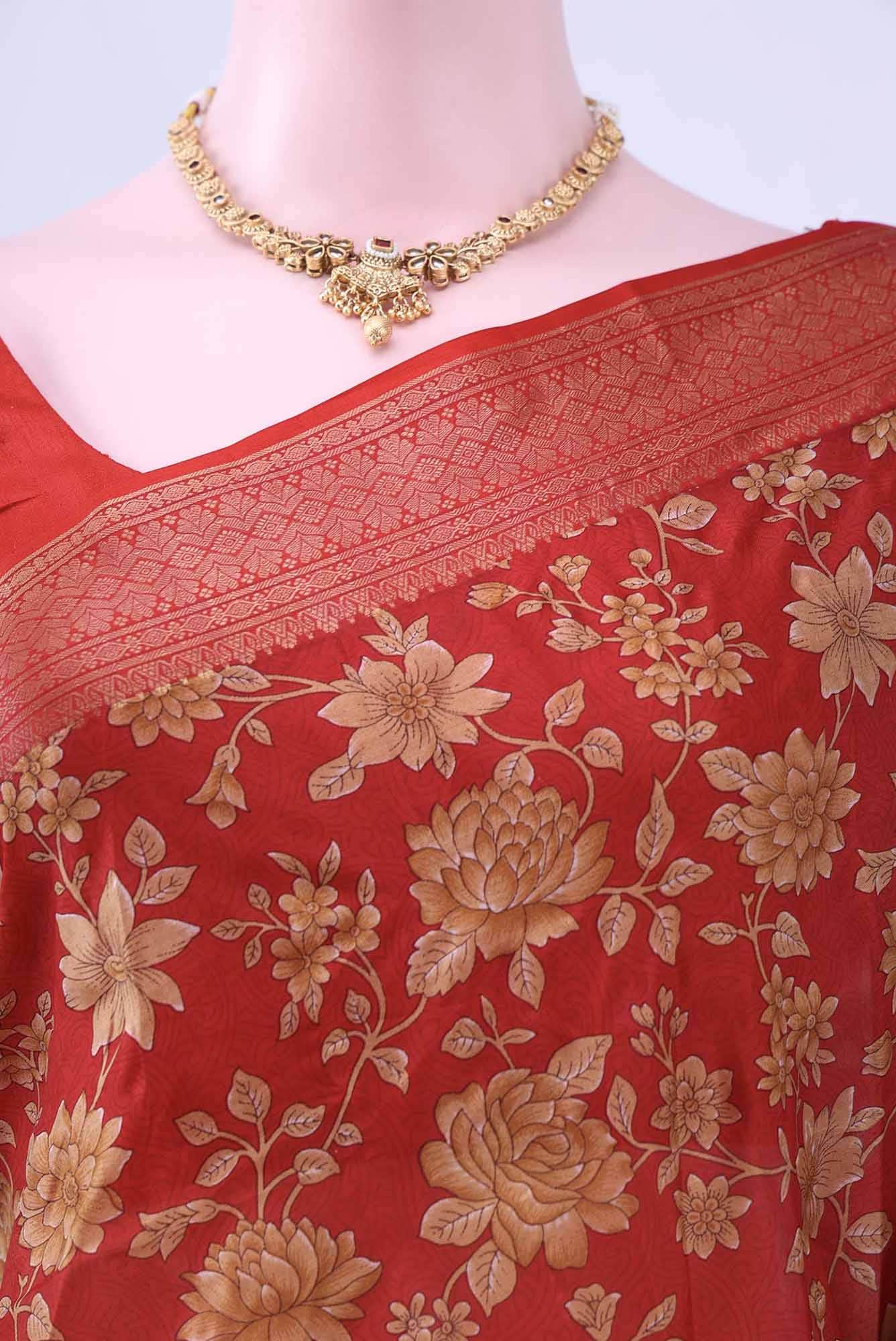 Deep Red Printed Silk Saree