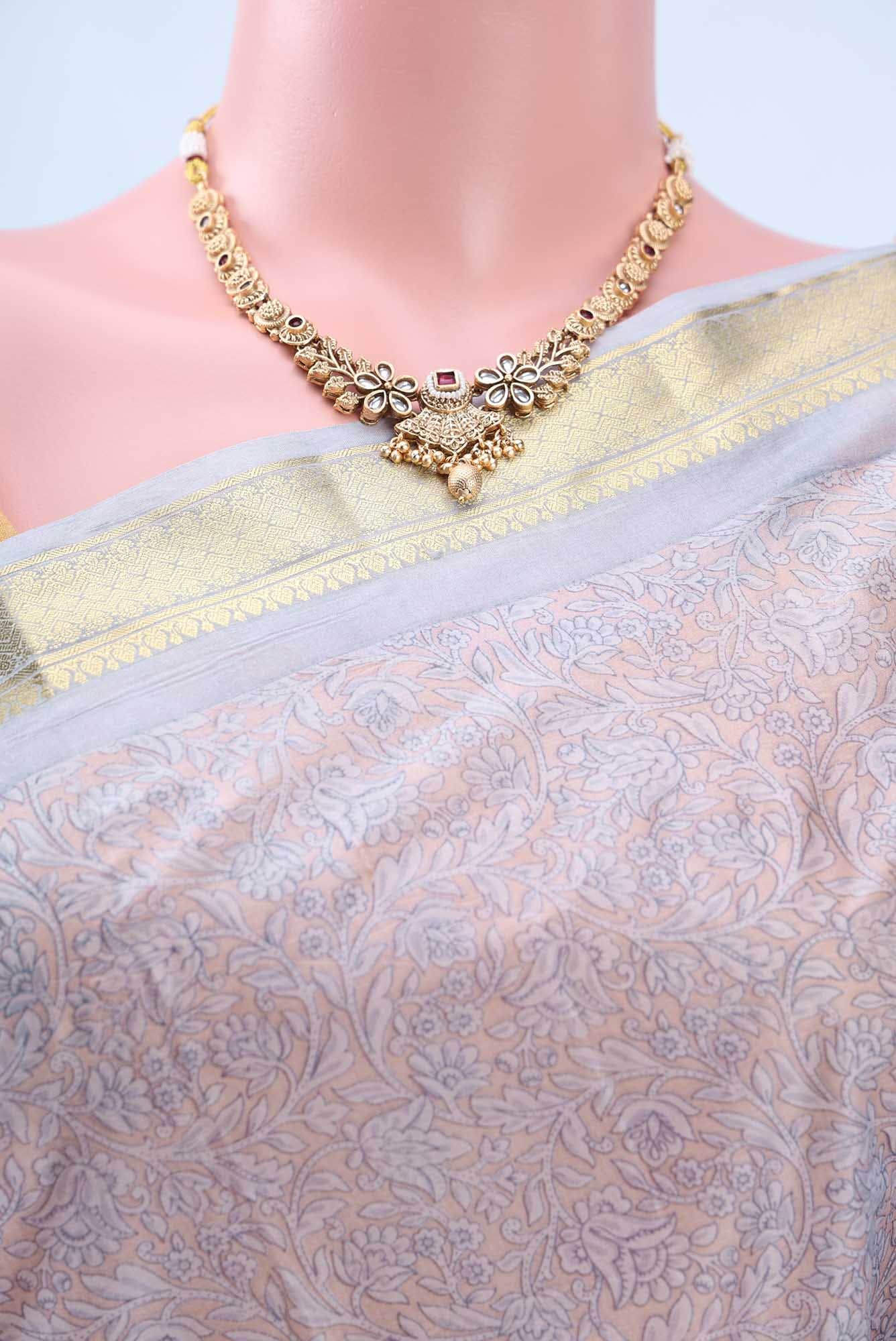 Blue Grey Printed Silk Saree