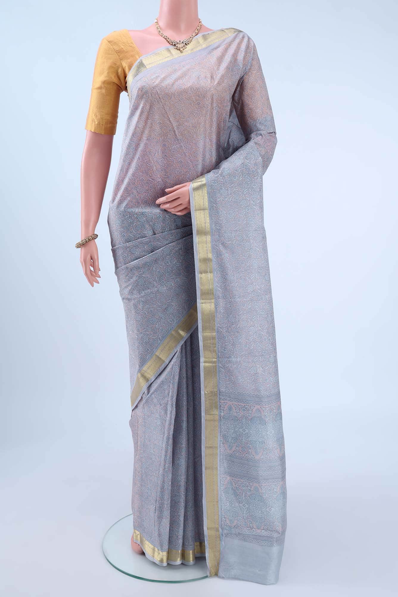 Blue Grey Printed Silk Saree