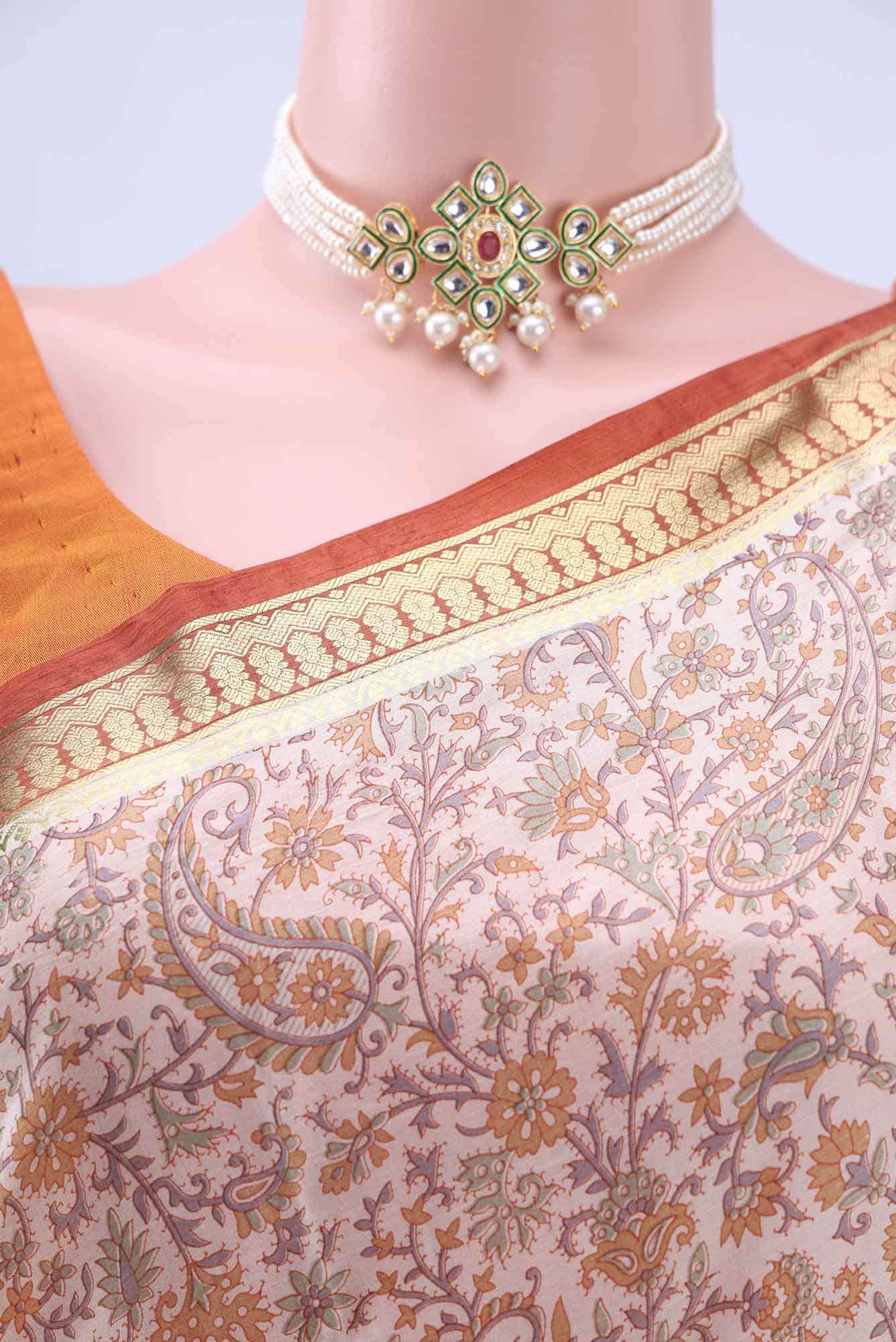 Off White Printed Silk Saree