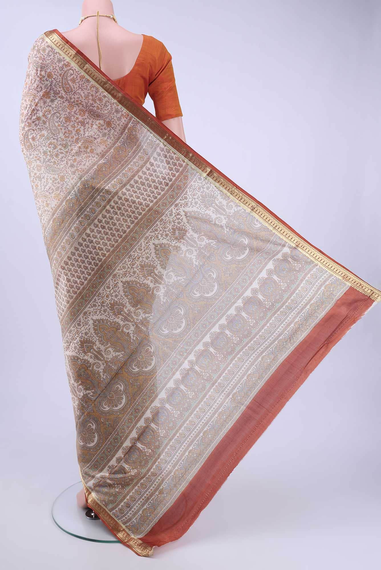 Off White Printed Silk Saree