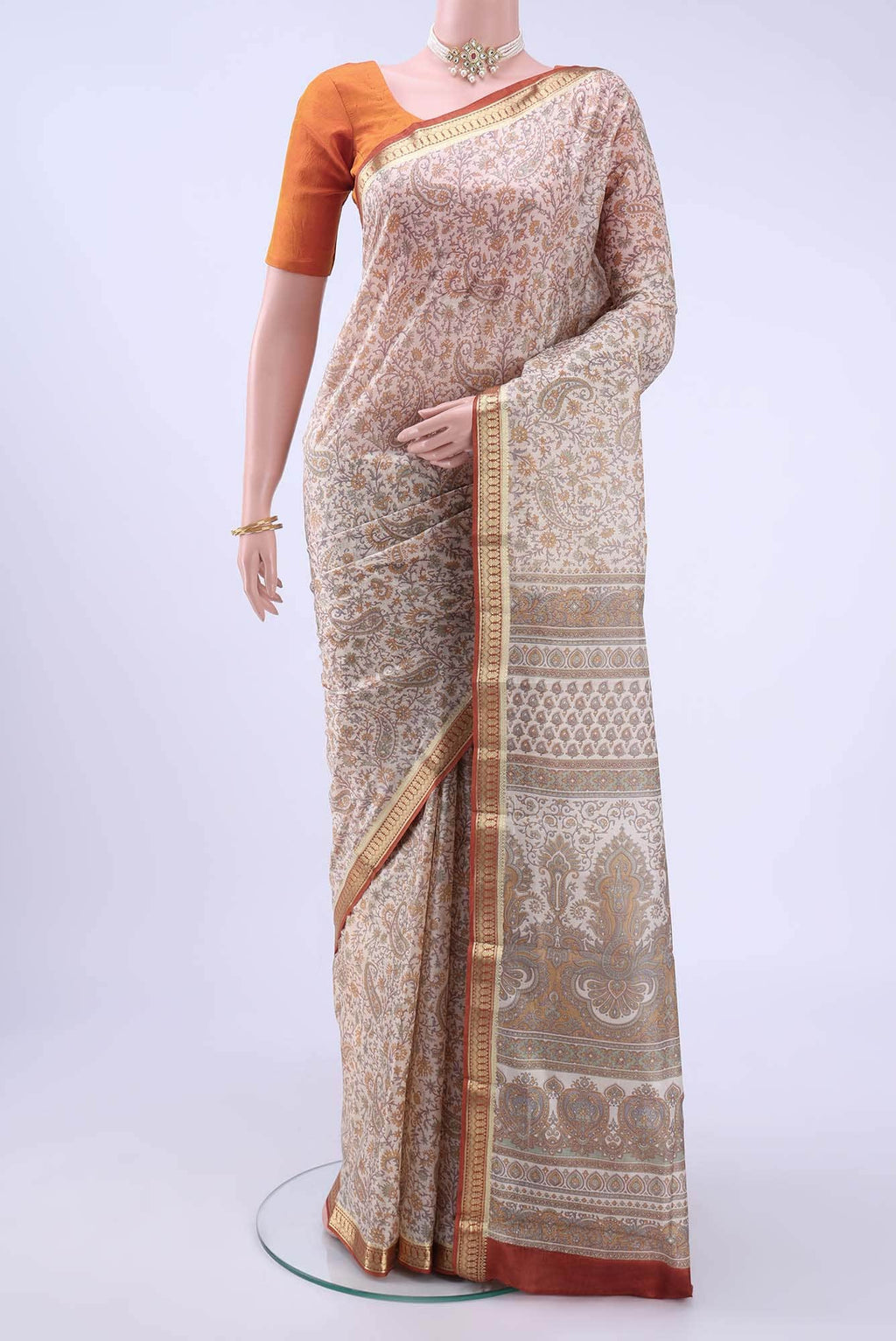 Off White Printed Silk Saree