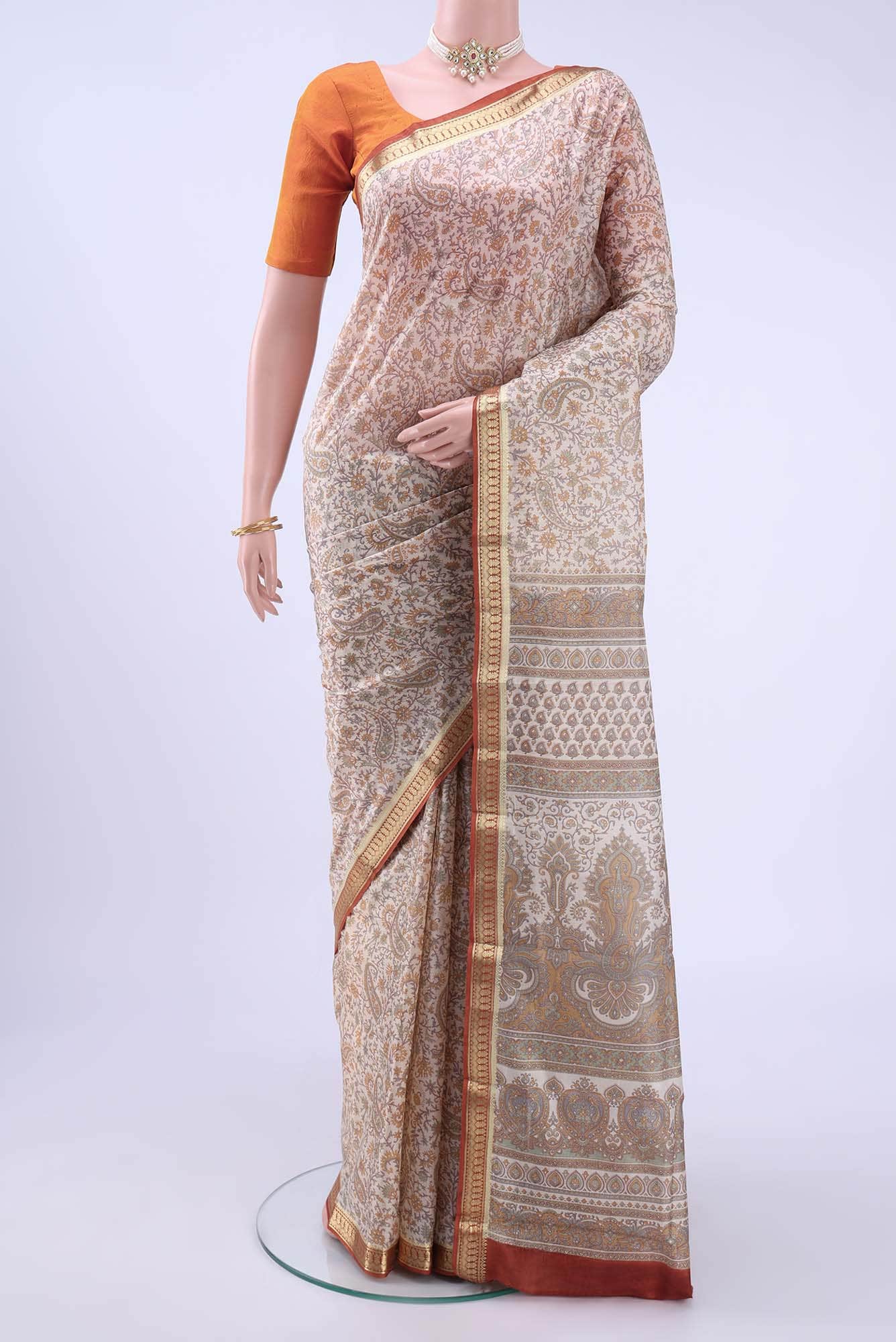 Off White Printed Silk Saree