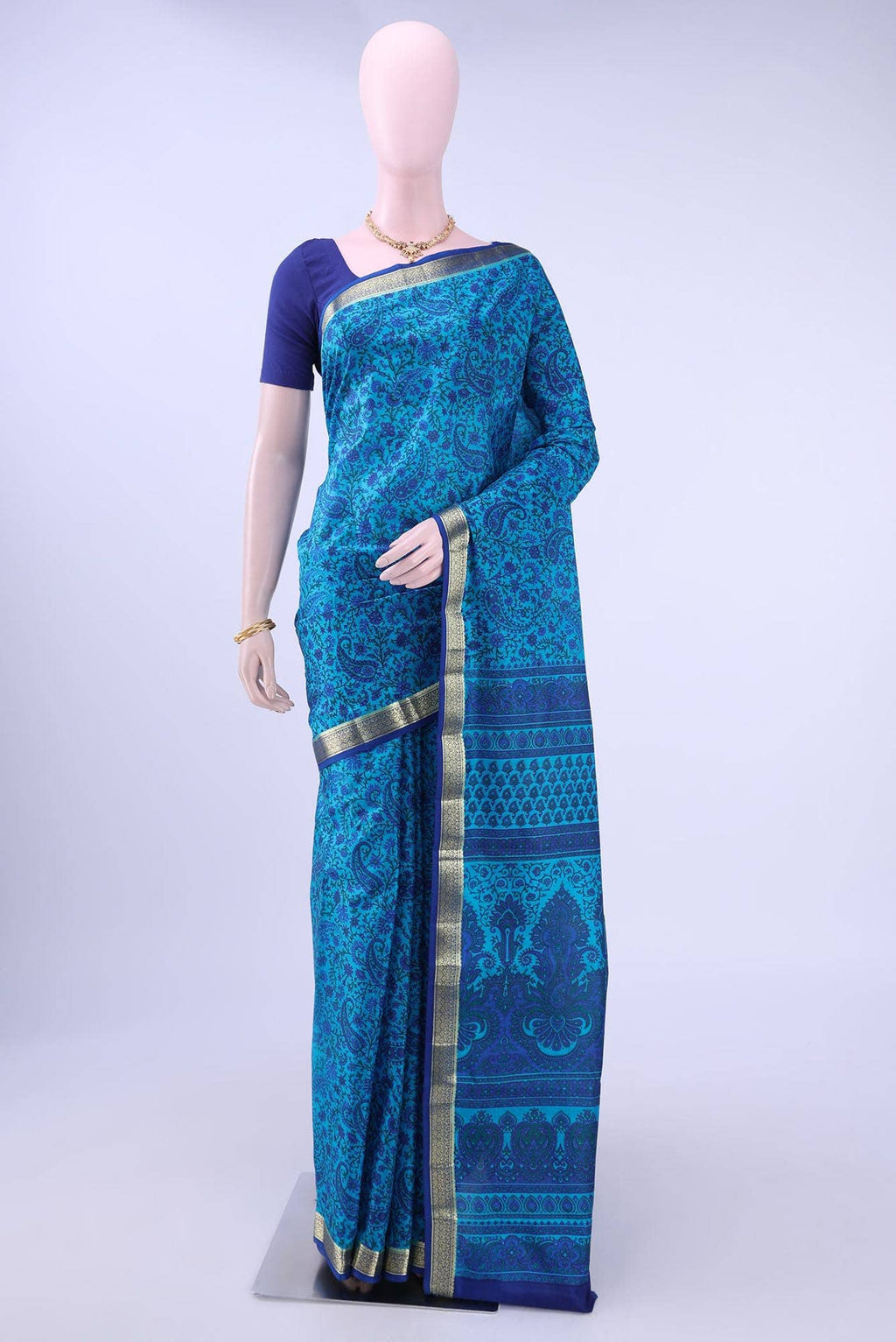 Blue Printed Silk Saree