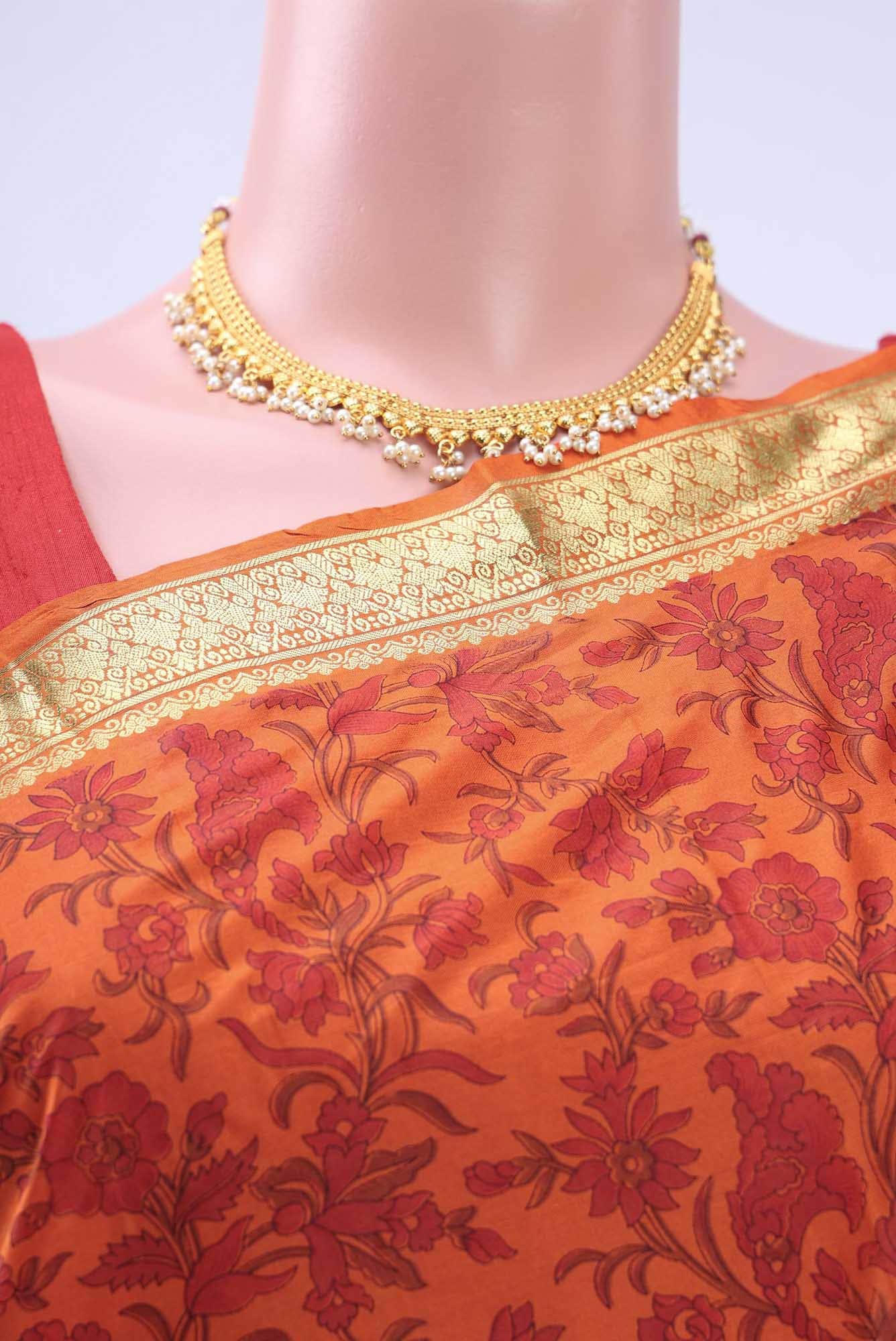 Brick Orange Printed Silk Saree