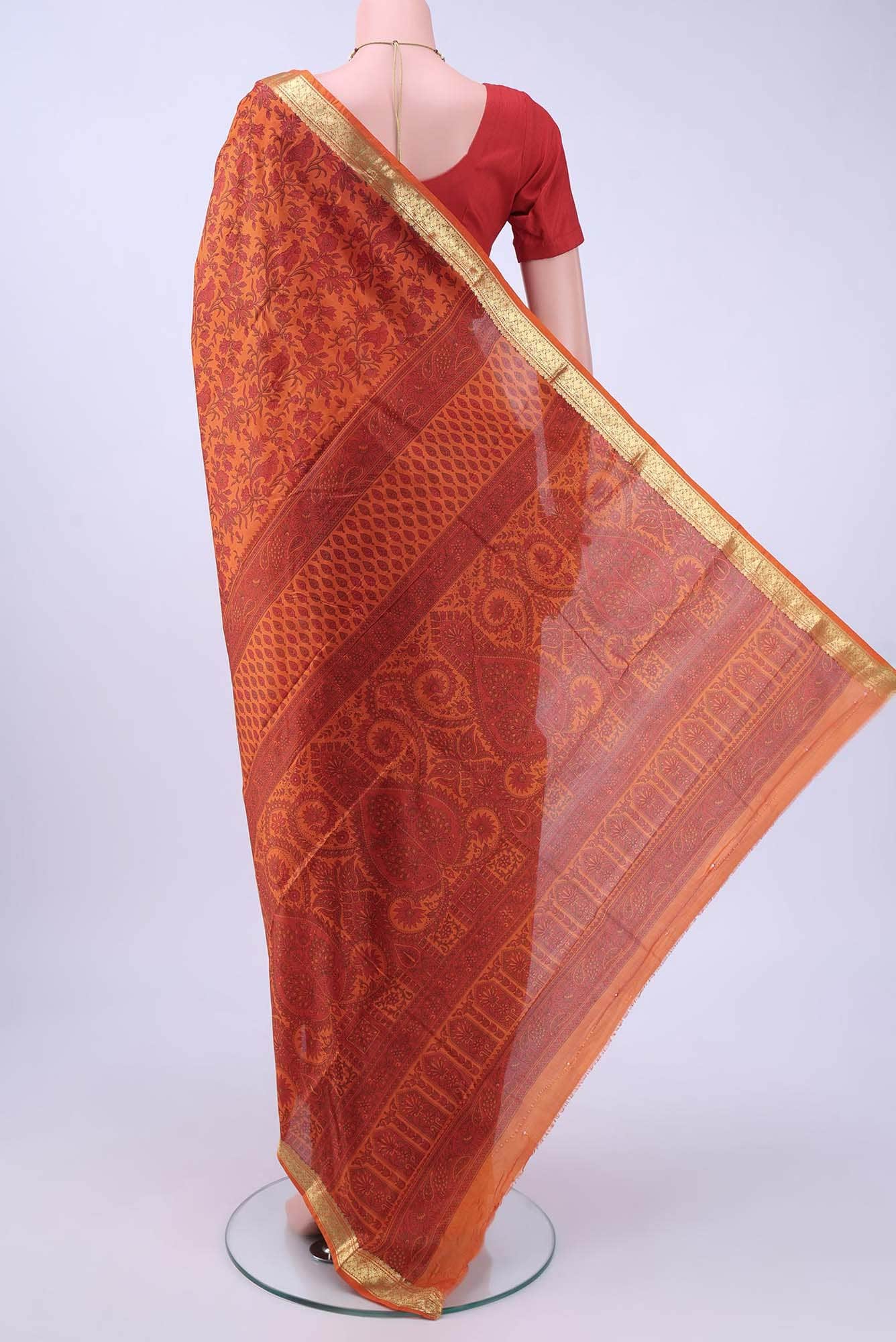 Brick Orange Printed Silk Saree