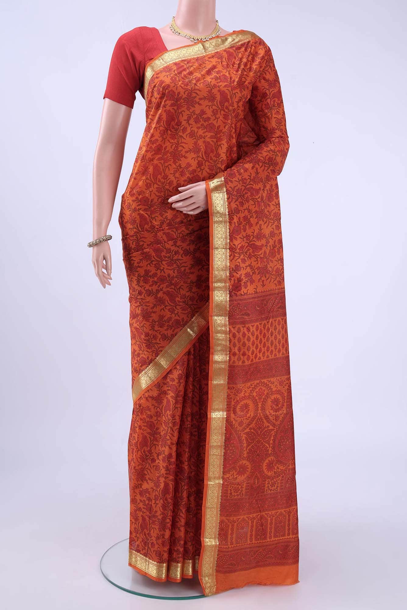 Brick Orange Printed Silk Saree