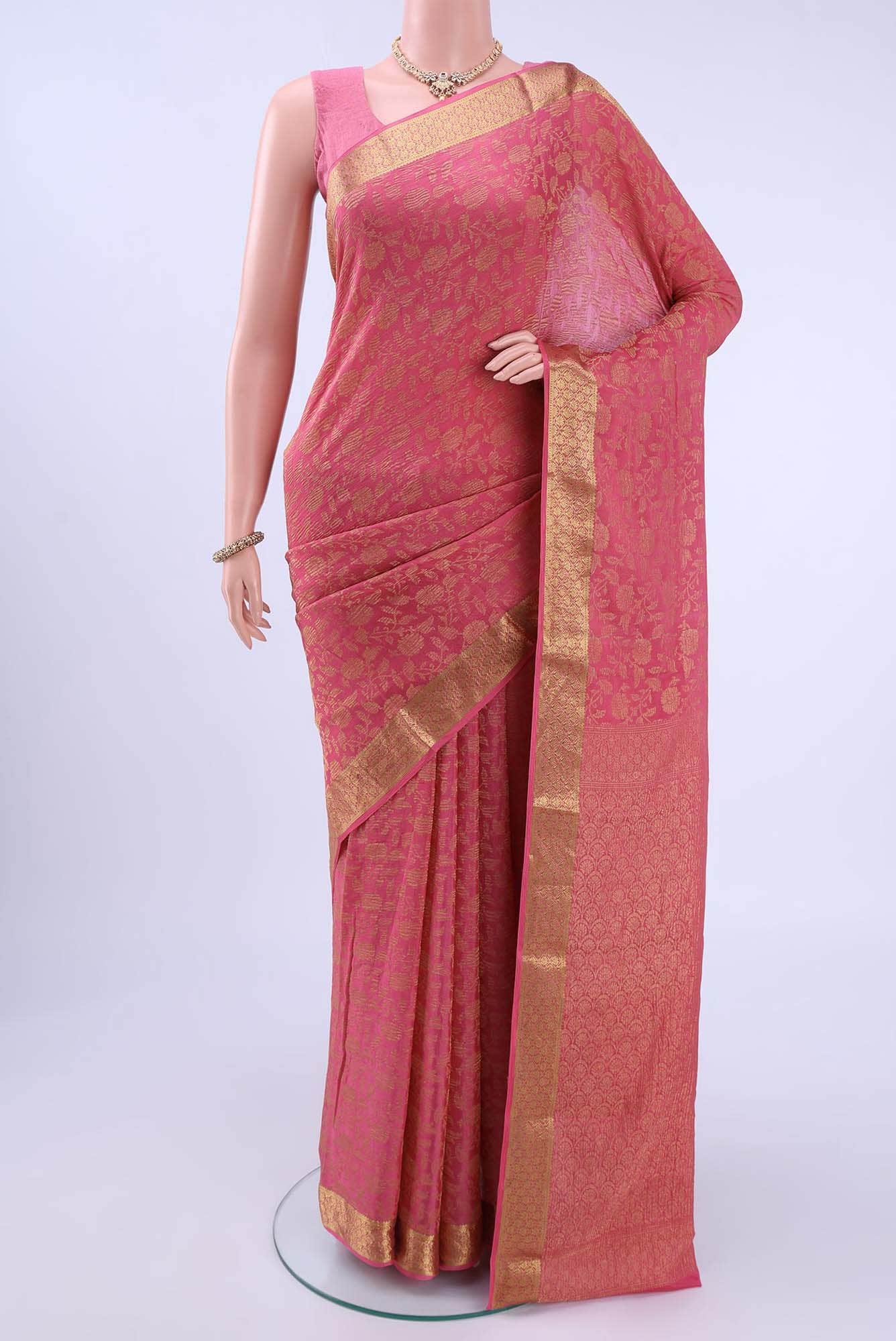 Golden Peach Mysore Crepe Saree