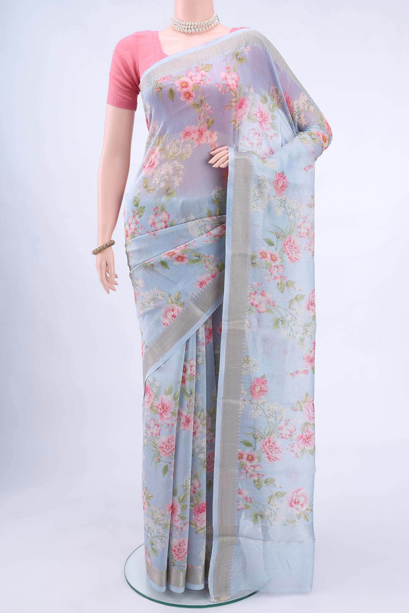 Sky Blue Blended Chanderi Silk Saree