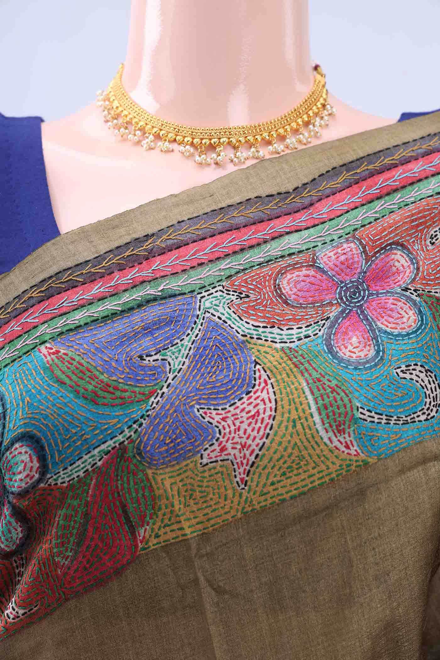 Mehandi Green Kantha Silk Saree